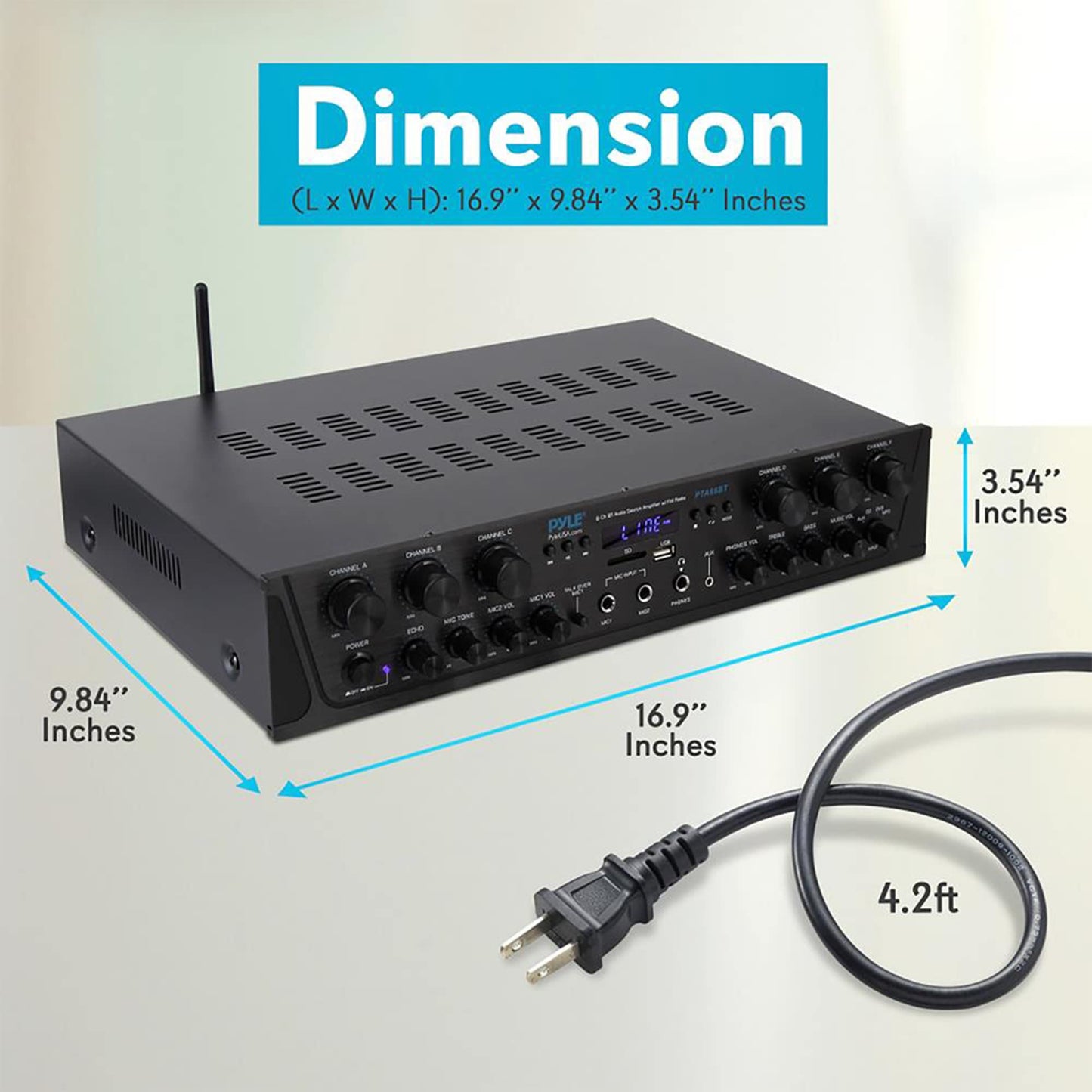 Pyle Home Audio Amplifier with Bluetooth - 6 Channel 600 Watt Peak Power, Karaoke with Echo, 2 Mic Input with Talkover, Headphone In, USB A MP3 Player