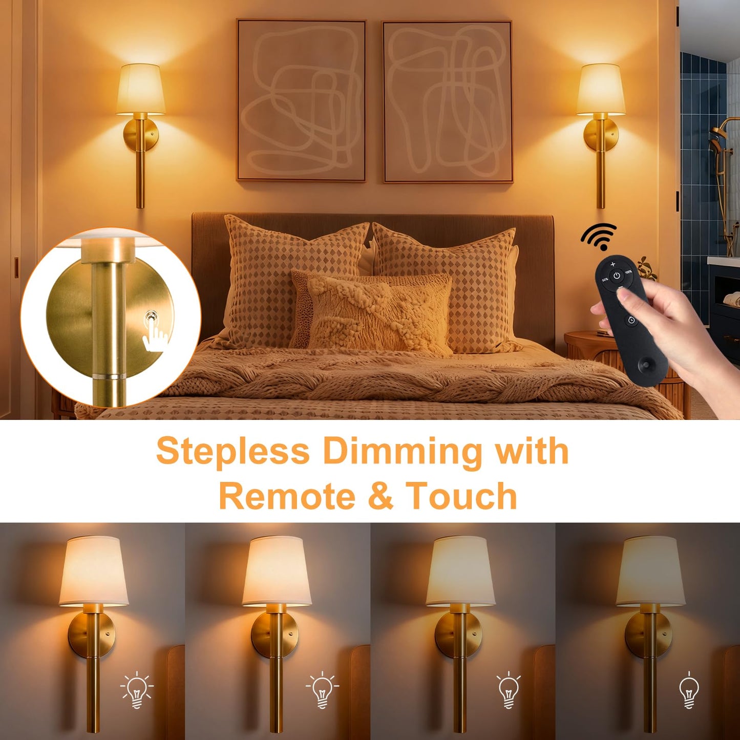 NoxLumina Battery Operated Wall Sconce Set of Two, 5200mAh Magnetic-Handle Rechargeable Sconces Wall Decor with Remote, Gold Wireless Wall Lights Lamp