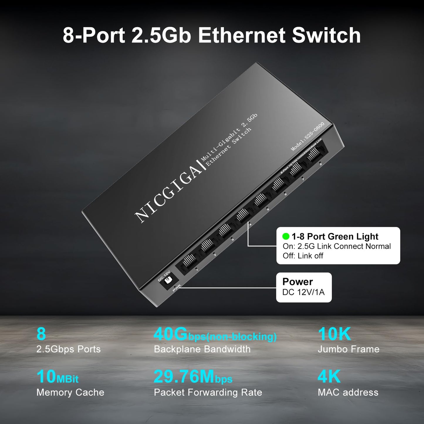 8 Port 2.5Gb Unmanaged Ethernet Switch with 8* 2.5Gbps Base-T Ports. NICGIGA 8 Port 2.5G Network Switch for 2.5Gbps NAS/PC, WiFi6 Router, Wireless AP