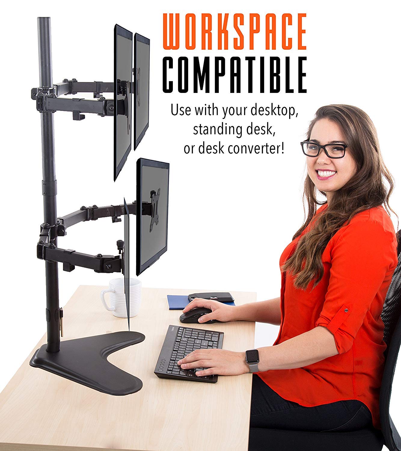 Stand Steady 4-Monitor Mount | Height-Adjustable Stand with Stabilizing Base - Fits Most LCD/LED Monitors 17-32 in (Black)