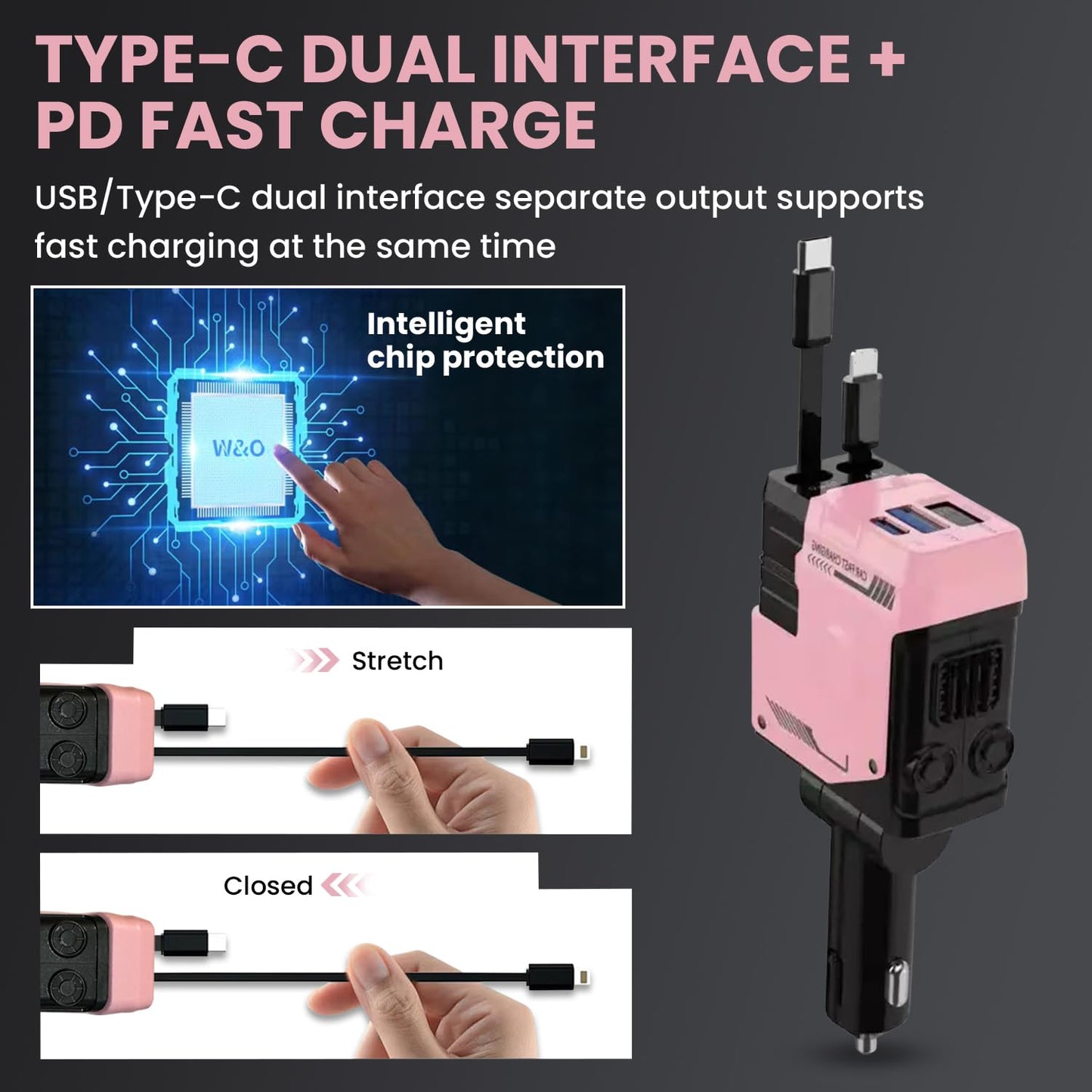 ChargeDaddy 4-in-1 Retractable Car Charger, 120W Fast Charging, USB & Type-C Ports, Pink