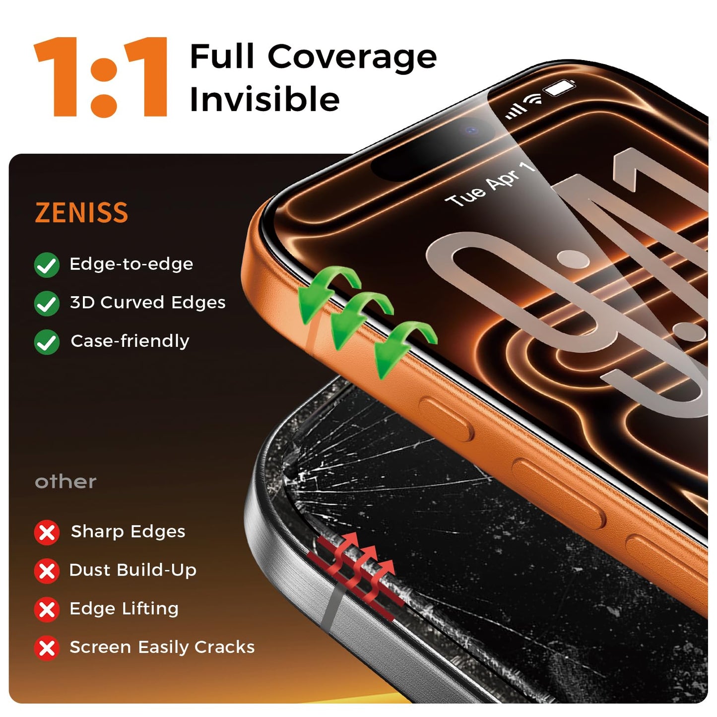 NeverBreak 9H+ Hardness for iPhone 17 Pro Screen Protector 12FT Military Grade Protection (Scratch, Shatter, Drop Resistance) Tempered Glass Full Edge