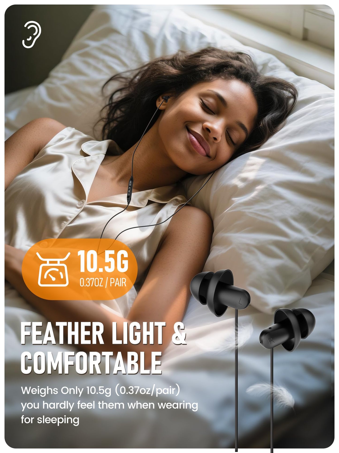 Sleep Earbuds, Hearprotek 2 Pairs Ultra Soft Lightweight Silicone Sleeping Earphone Headphones with Volume Control and mic for Side Sleeper, Snoring