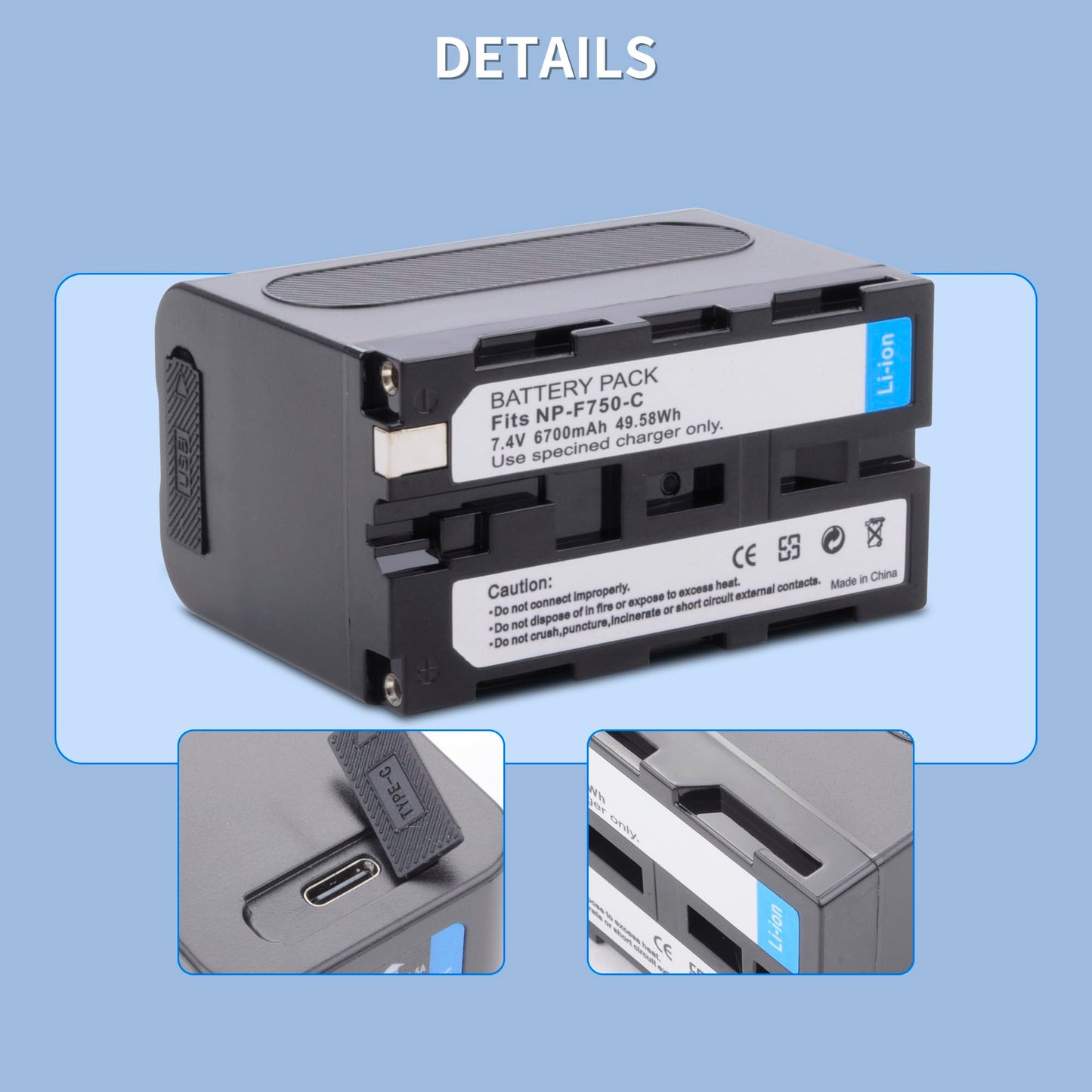 TZRONG 1 Pack NP-F750 6700mAh Battery Replacement of NP-F970 F960 F950 F770 F750 F570 F550, USB-C Fast Charging Rechargeable for LED Light, Camera