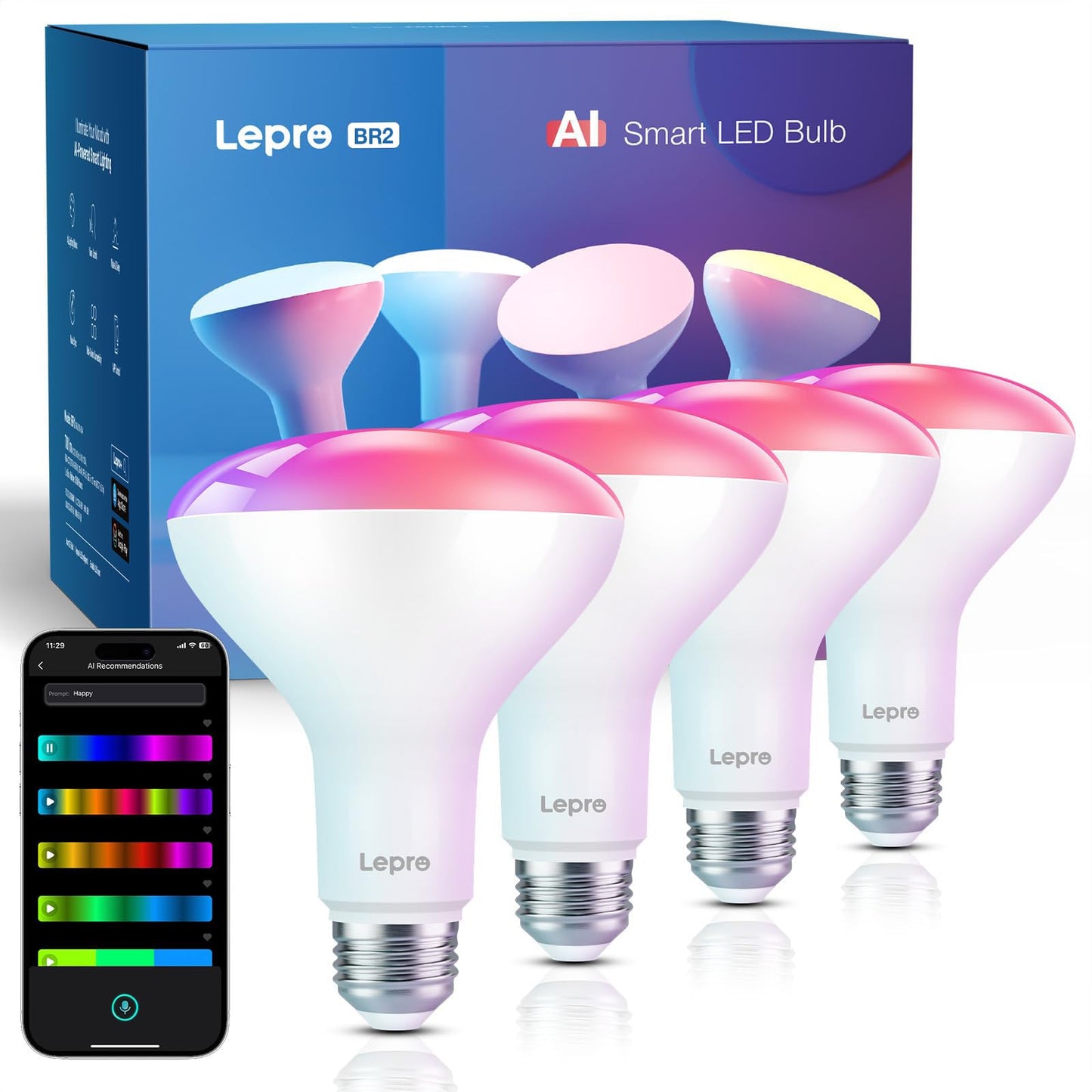 Lepro BR2 AI LED Smart Bulbs - AI Generated Lighting, LightGPM 4 with LLM, LightBeats Music Sync, Voice Control Via App, RGBWW Colors, Compatible