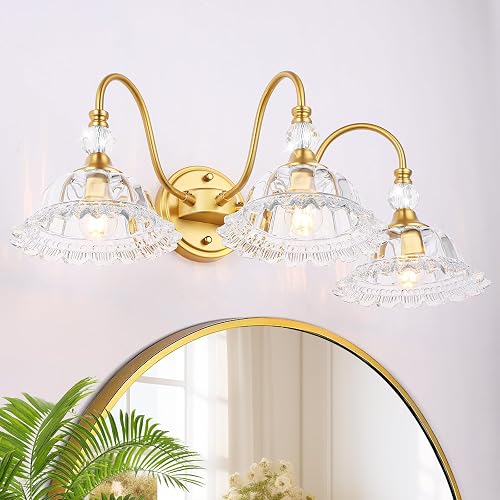 ZHUOER Modern Bathroom Vanity Light Fixtures 3 Lights Brushed Gold Vanity Lights for Bathroom with Floral Crystal Glass Shade Modern Wall Lighting