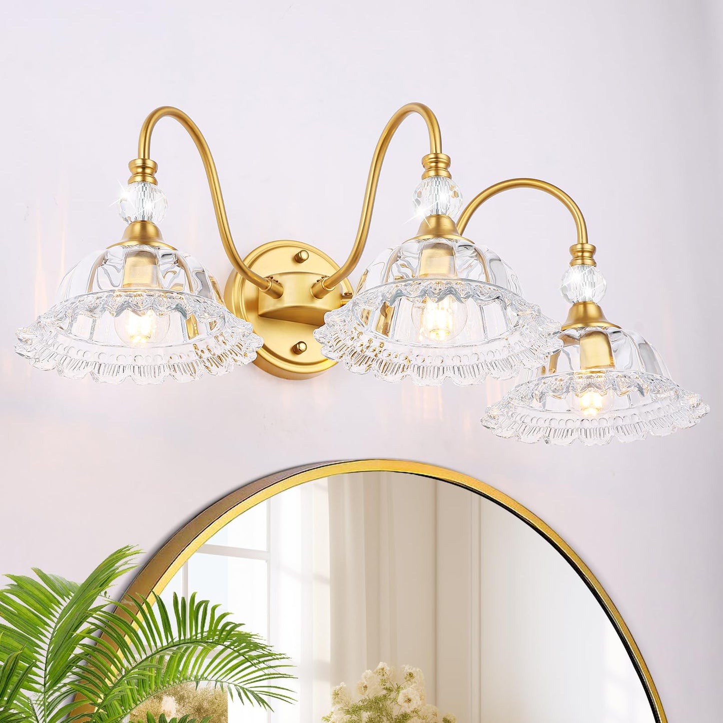 ZHUOER Modern Bathroom Vanity Light Fixtures 3 Lights Brushed Gold Vanity Lights for Bathroom with Floral Crystal Glass Shade Modern Wall Lighting