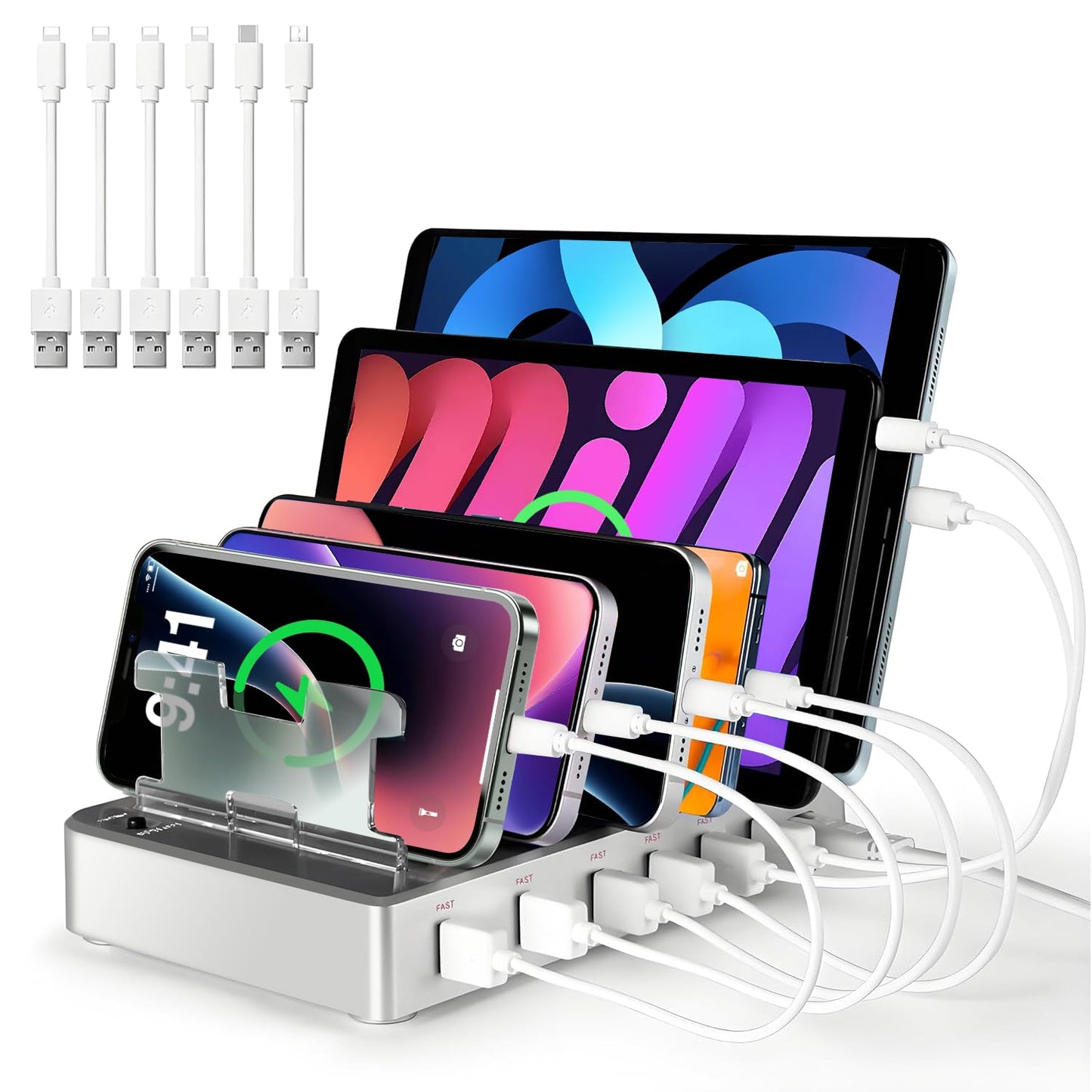 300W Charging Station for Multiple Devices, Fast Charging 6 Port Charging Station - Compatible with iPhone iPad Android Tablets, Home Office Travel