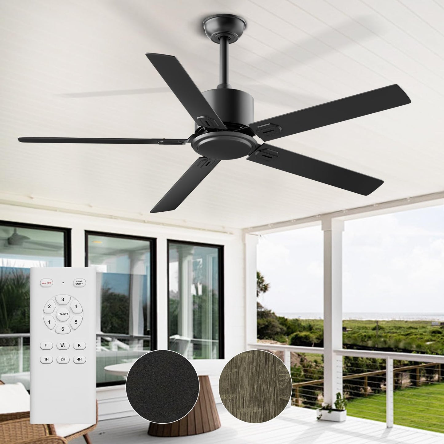 Obabala Outdoor Ceiling Fan No Light, 60 Inch Black Modern Ceiling Fan Without Light, Dual Finish 5 Blades,6 Speed, Reversible Quiet DC Motor