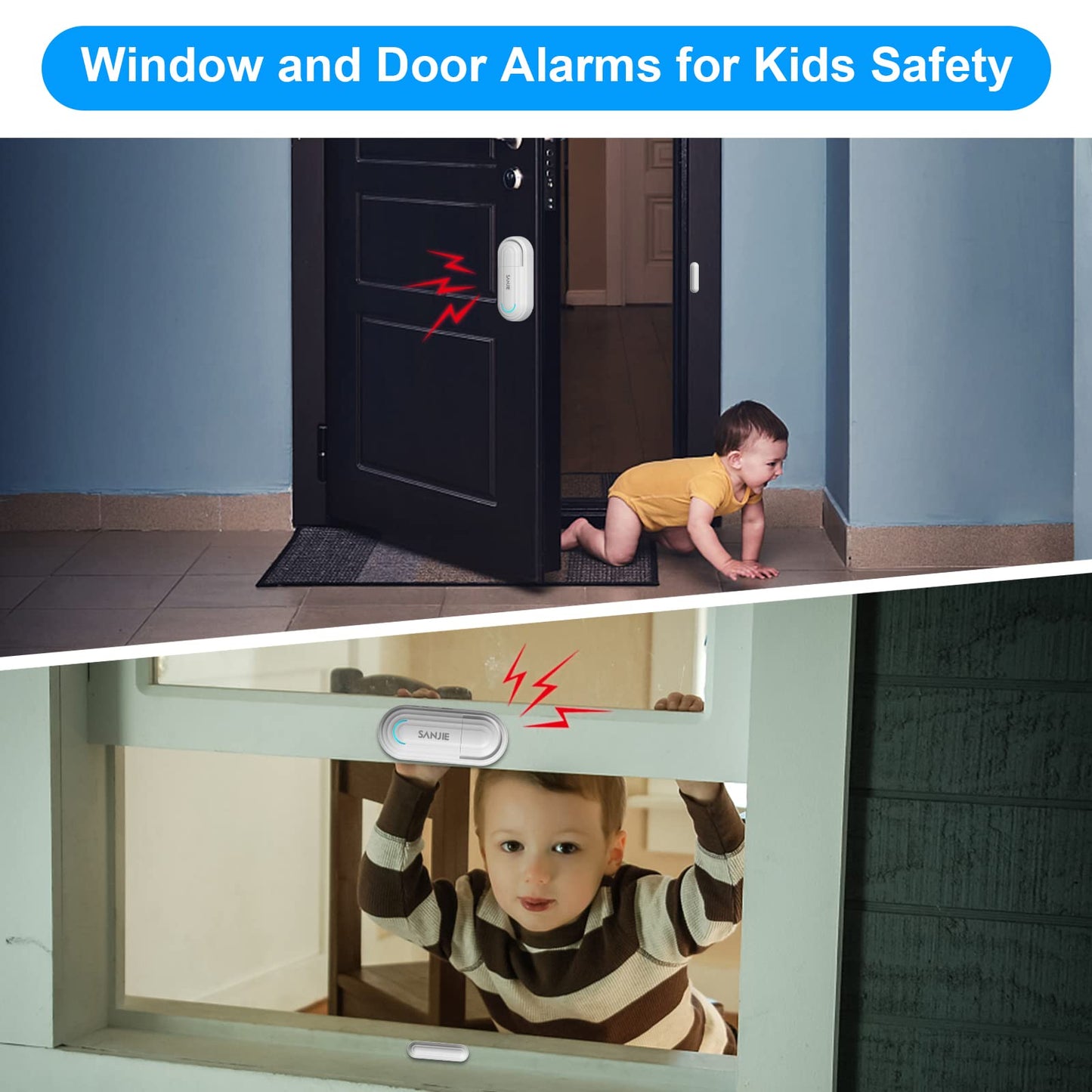 SanJie Window Alarm Sensors Door Alarms for Home Security Volume Ajustable 0-120 DB Pool Door Alarms for Kids Safety with 4 Modes Open