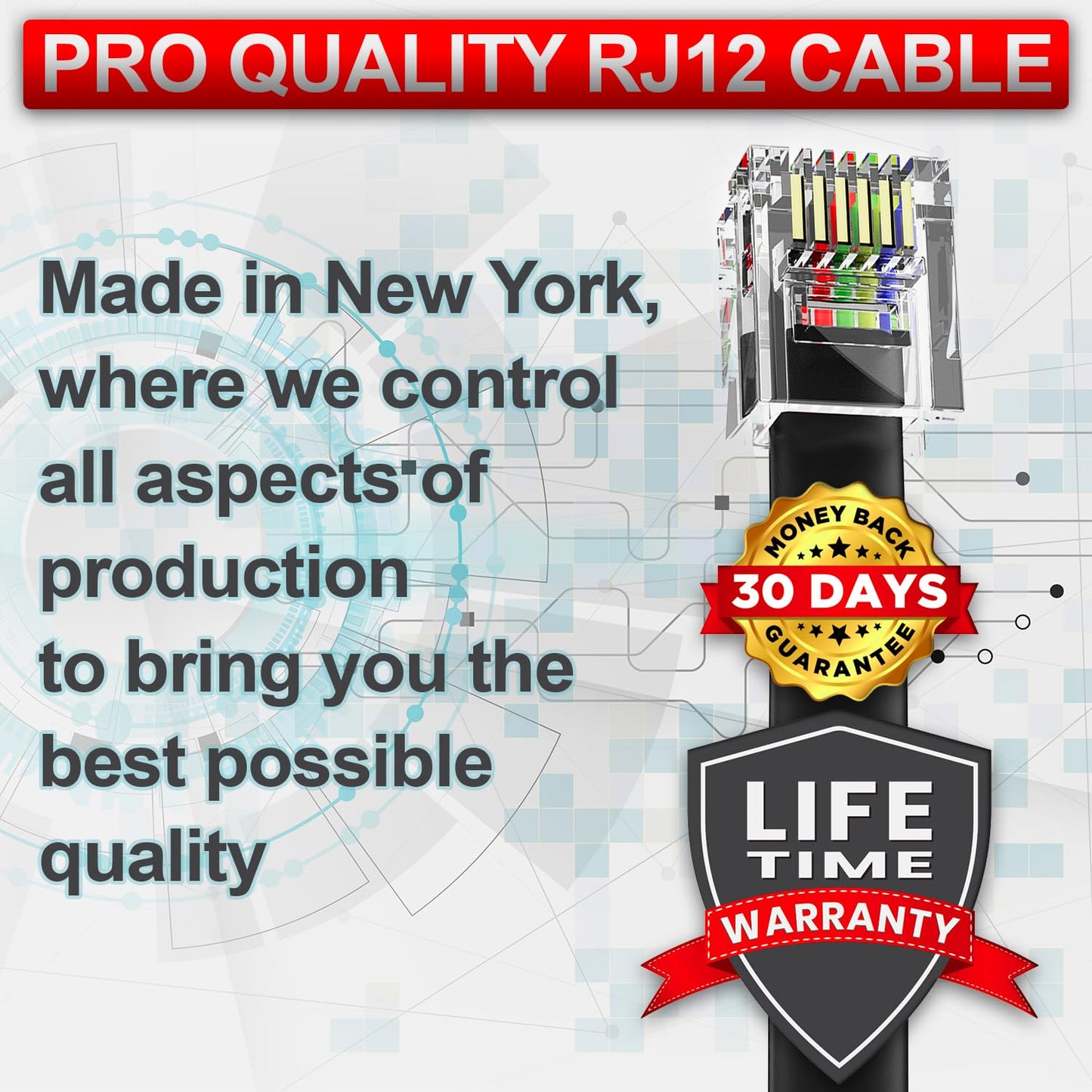 AmzDeals 2-Pack 1 Foot Black RJ12 6P6C Straight Wired Cable, Pro Grade Data and Voice Phone Line Cord - Made in USA