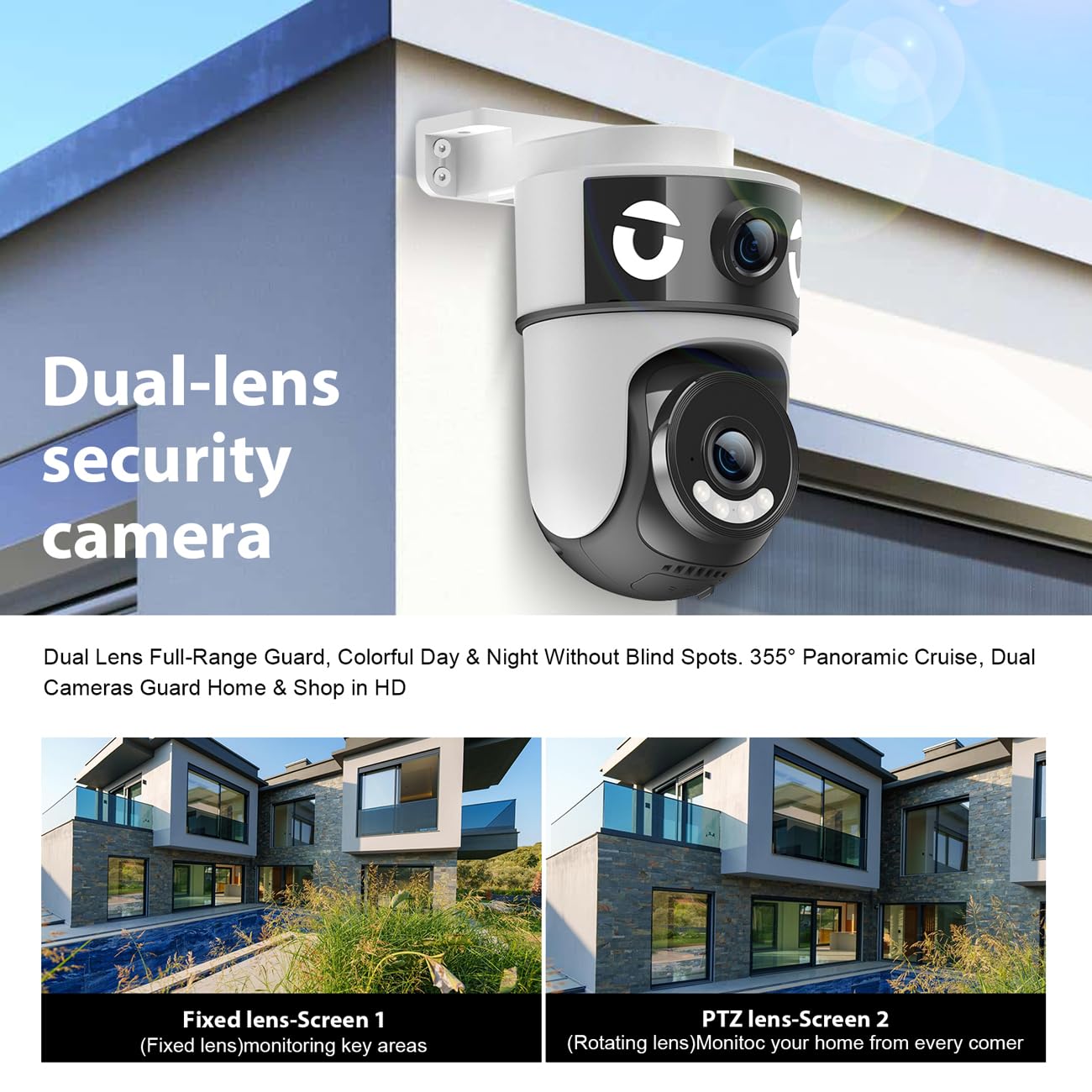 COOHILIGH H4 Dual-Lens PTZ WiFi 1080P Home Security Camera, 24/7 Recording IP65 Waterproof Indoor&Outdoor Camera with Motion Detection, Two-Way Audio