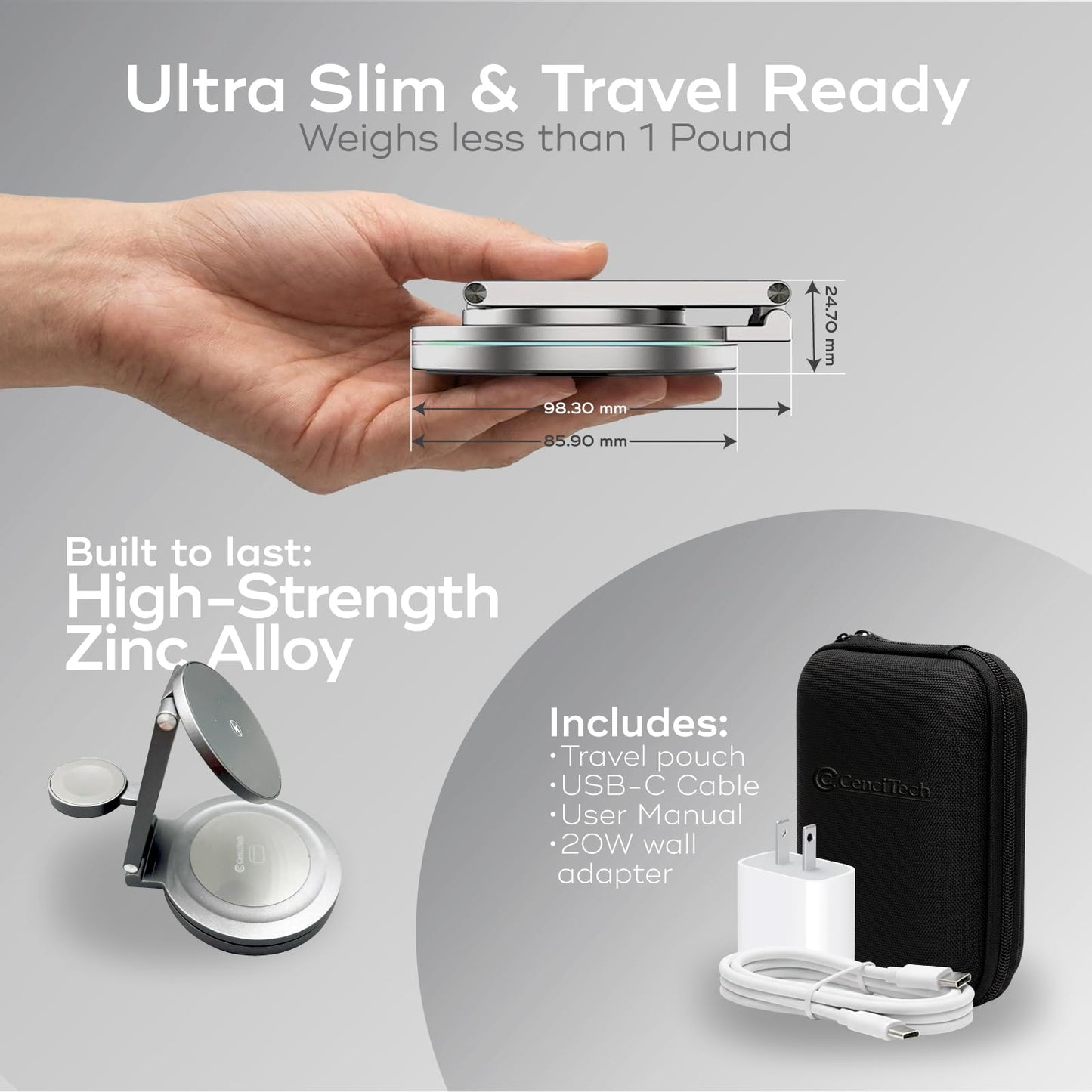 CenciTech 3 in 1 Aluminum Wireless Charging Station for iPhone 17/16/15/14 Pro Max, Apple Watch & AirPods | MagSafe Compatible Foldable Fast Travel
