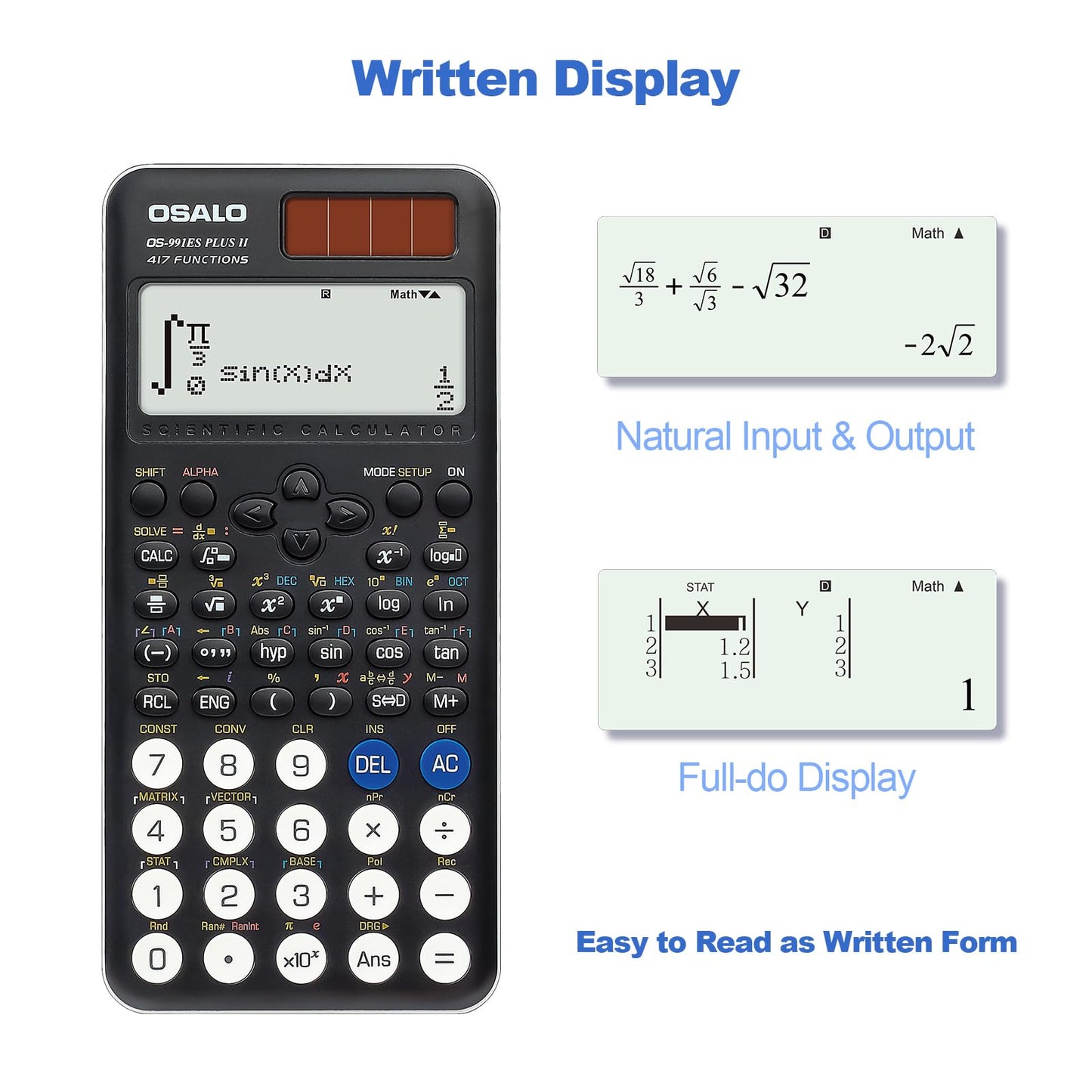 OSALO Scientific Calculator 417 Function 2 Line 10+2 Digits Written Display Solar and Battery Calculators for School College Students Secondary Black