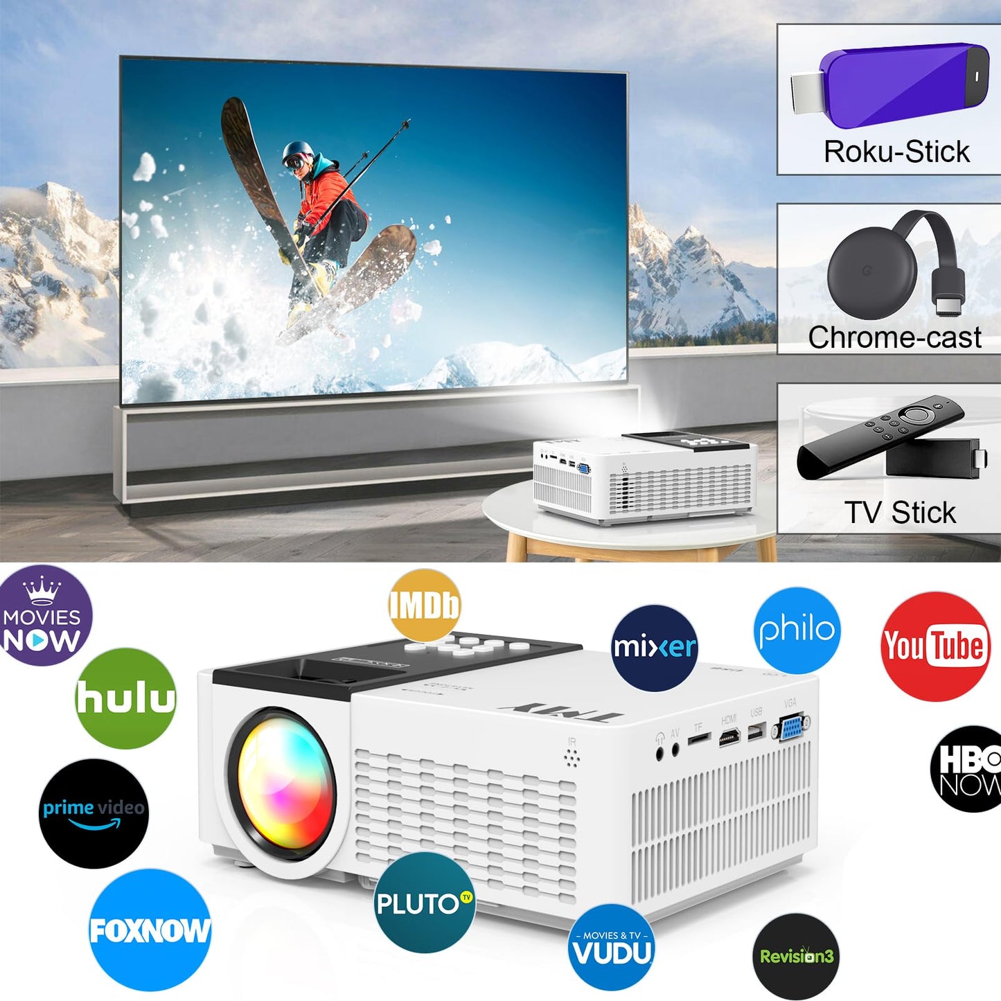 TMY WiFi Projector with Bluetooth 5.1, 1080P Supported Mini Movie Projector, Compatible with TV Stick, Phone, Computer, HDMI, USB, TF