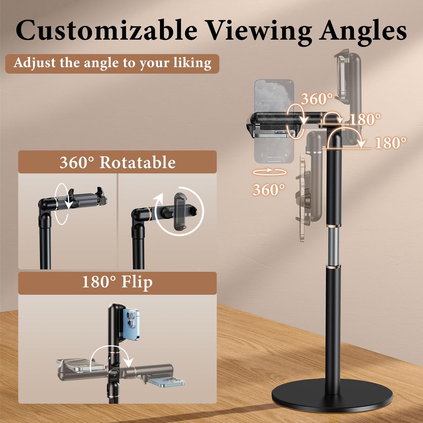 WISFISSH Height/Angle Adjustable Phone Holder, 10"-25" Retractable Tall Phone Stand for Desk,720°Rotatable+180flip Phone Holder Stand for Video Calls