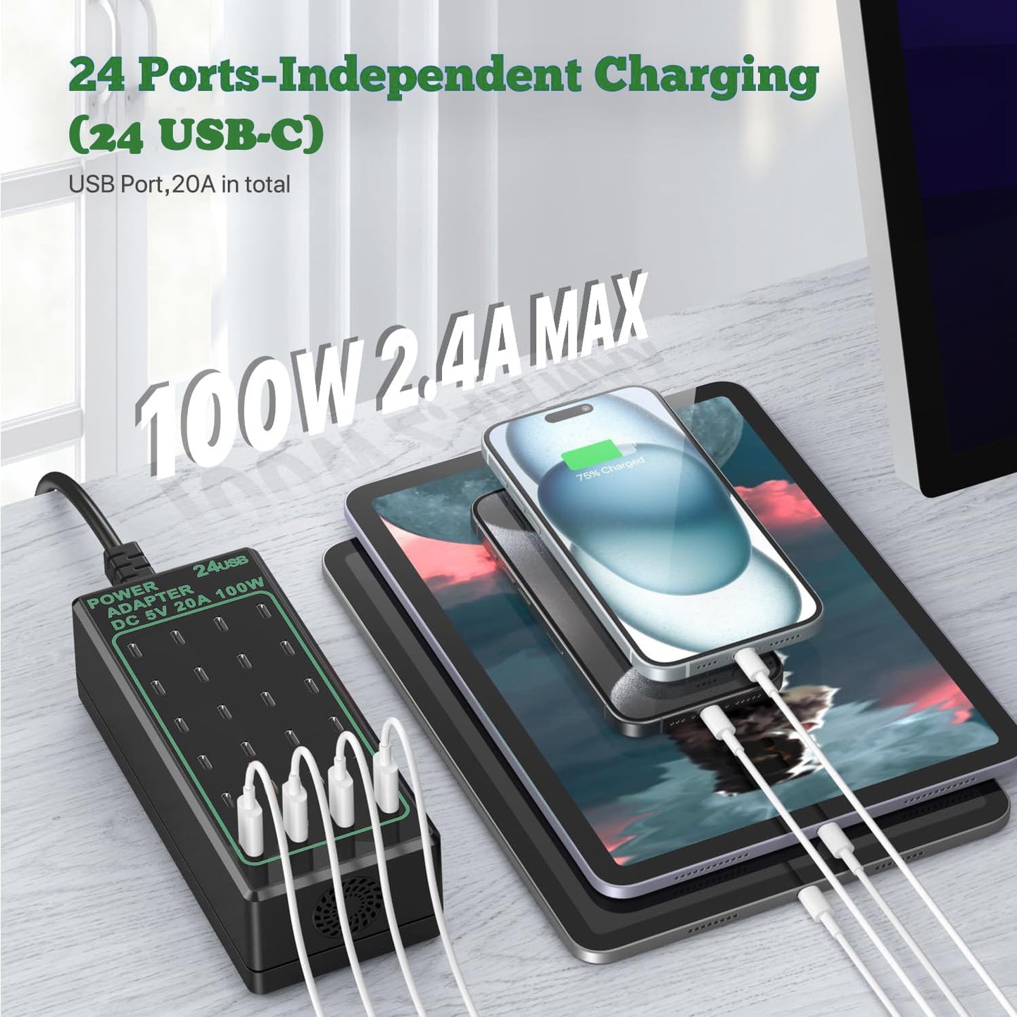 24-Port 100W (20A) USB C Charging Station, Multiple Fast Charger Hub, Home Desktop Power Adapter, Travel Convenient, Compatible