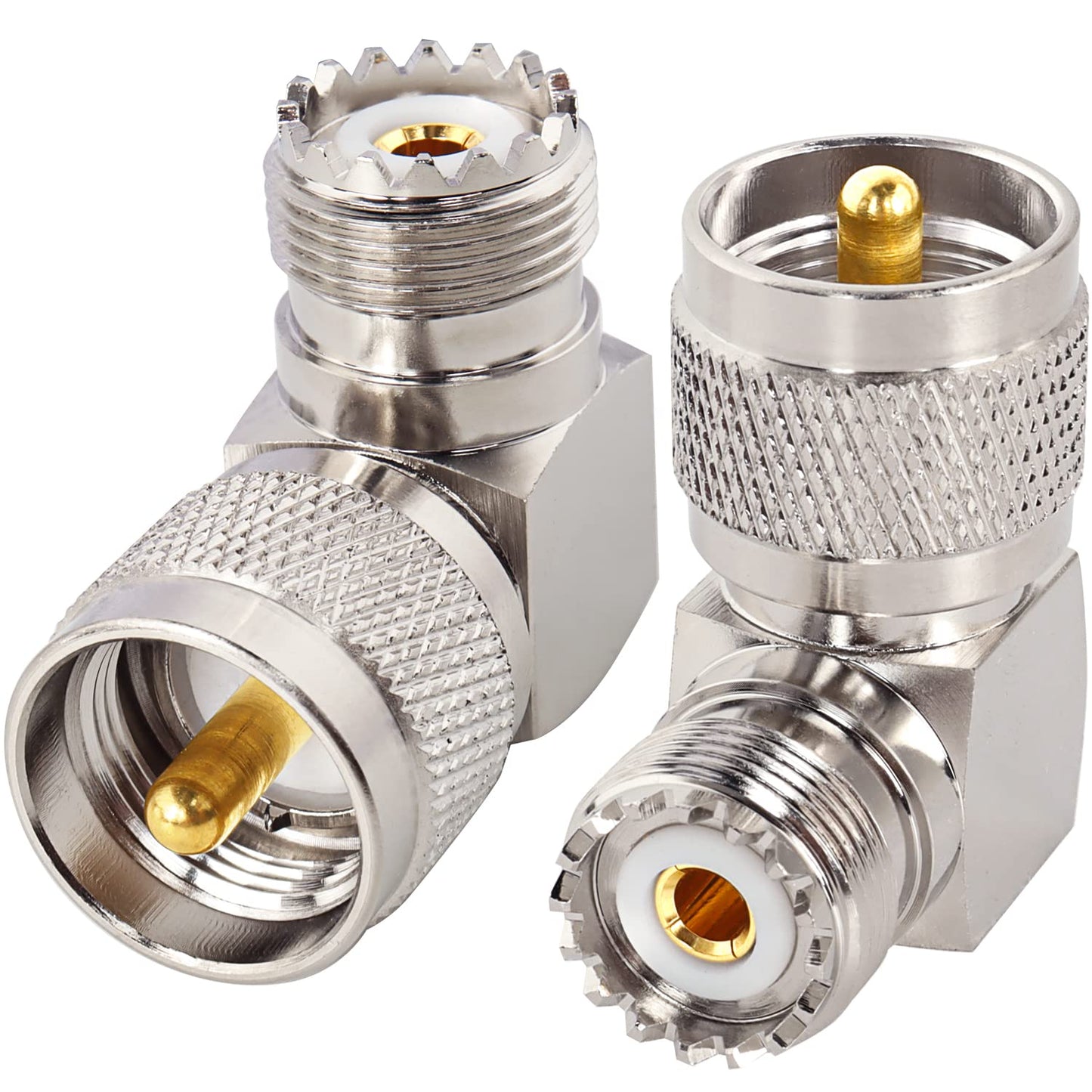 MOOKEERF PL259 Male to UHF Female Right Angle Adapter, 2-Pack UHF Male to SO239 Female L Shape 90 Degree RF Coax Connector CB Radio Connectors