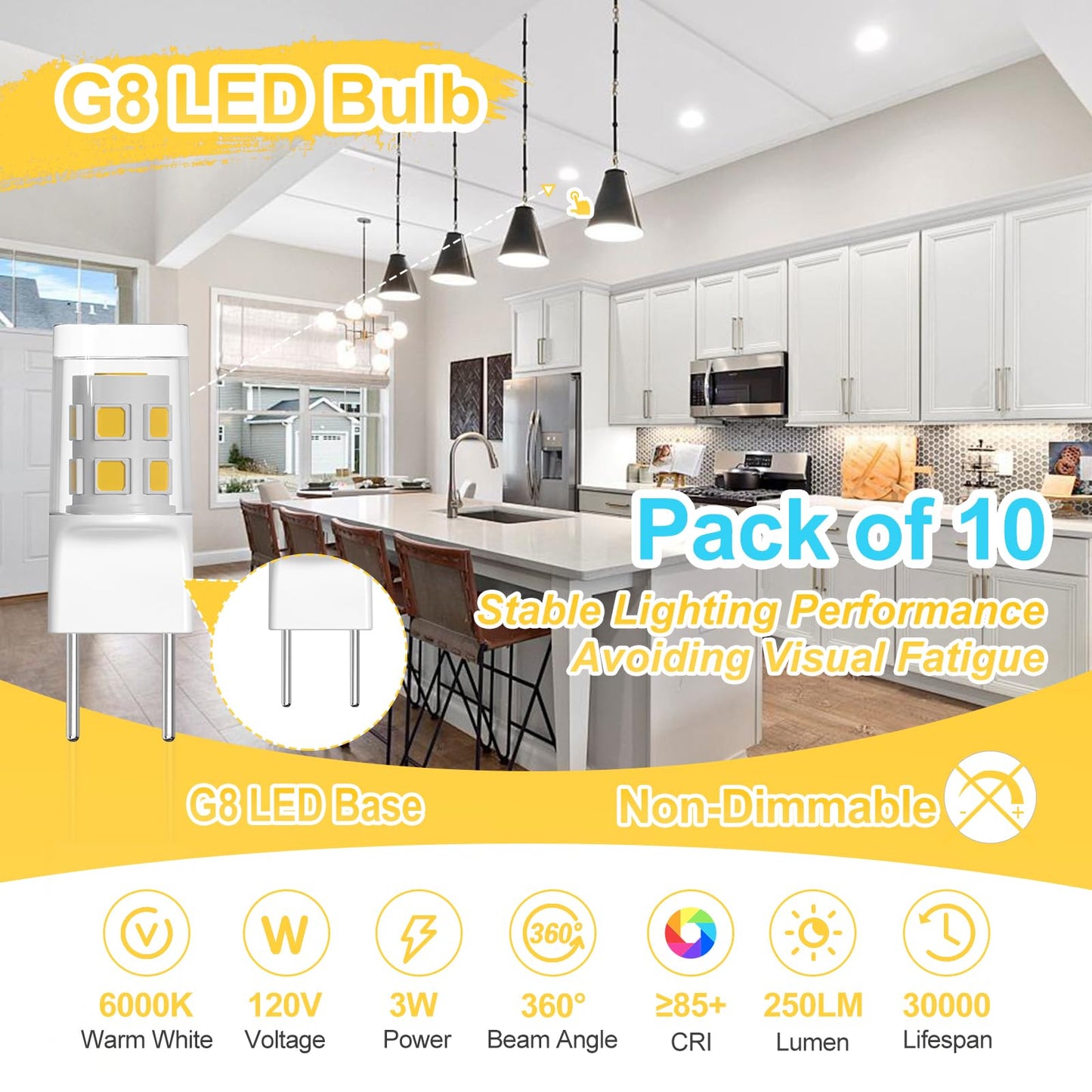 SSQY G8 LED Light Bulb, GY8.6 Bi-pin Base, 3W 120V 20W 35W Halogen Replacement Bulb for Under Counter Kitchen Lighting, Under-Cabinet Light, Puck