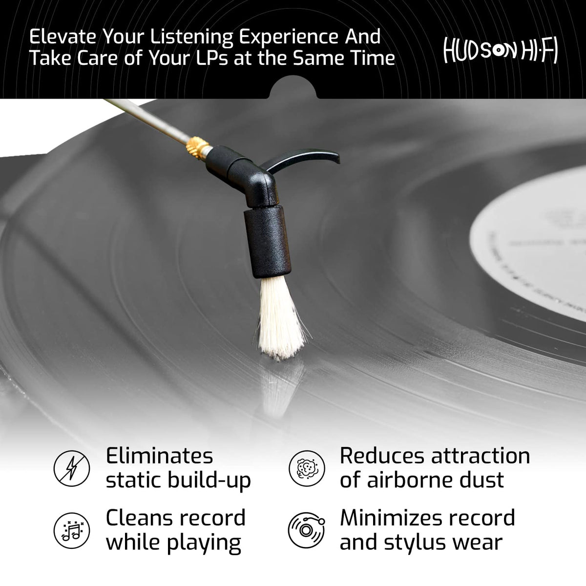 Hudson Hi-Fi Anti-Static Cleaning Arm - Adjustable, Universal Fit - Defy Damage, Perfect Playback - AutoMagically Cleans as LP Plays to Remove Dust & Static, End Needle Skipping, Popping