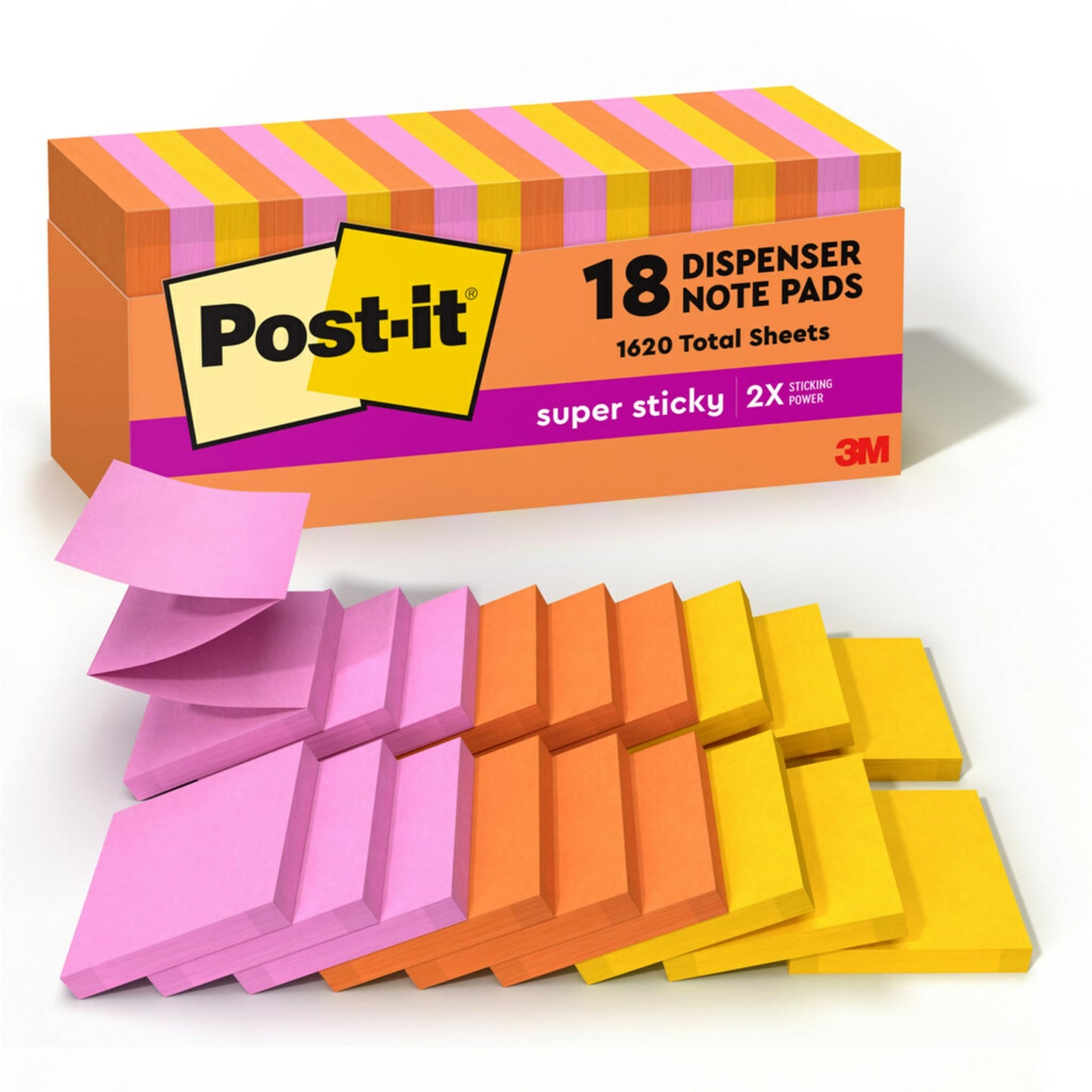 Post-it Super Sticky Dispenser Notes, 3 x 3 in, Neon Fizz, 18 Pads