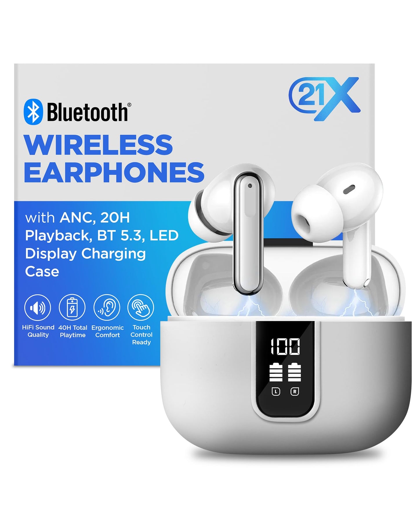 Bluetooth Earbuds with ANC, HiFi Sound, 20H Playback, LED Display Case, BT 5.3, Touch Control, IPX4 Waterproof, True Wireless Earphones for TV, Phone