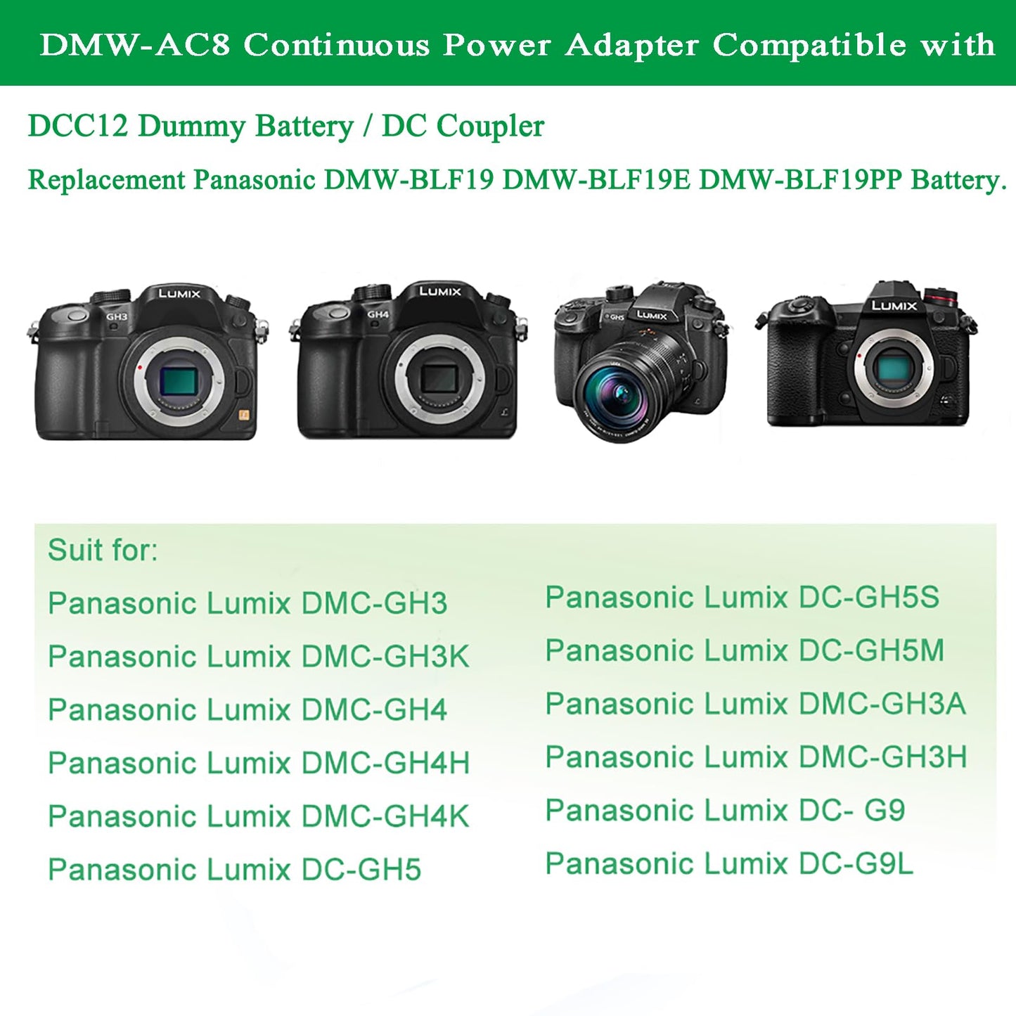 Gonine DMW DCC12 Camera Power Supply GH5 GH4 Dummy Battery for Panasonic Lumix DC-G9 DMC-GH3 GH3K GH4K GH3H GH4H G9 G9L G9K, AC8 AC10 AC Adapter