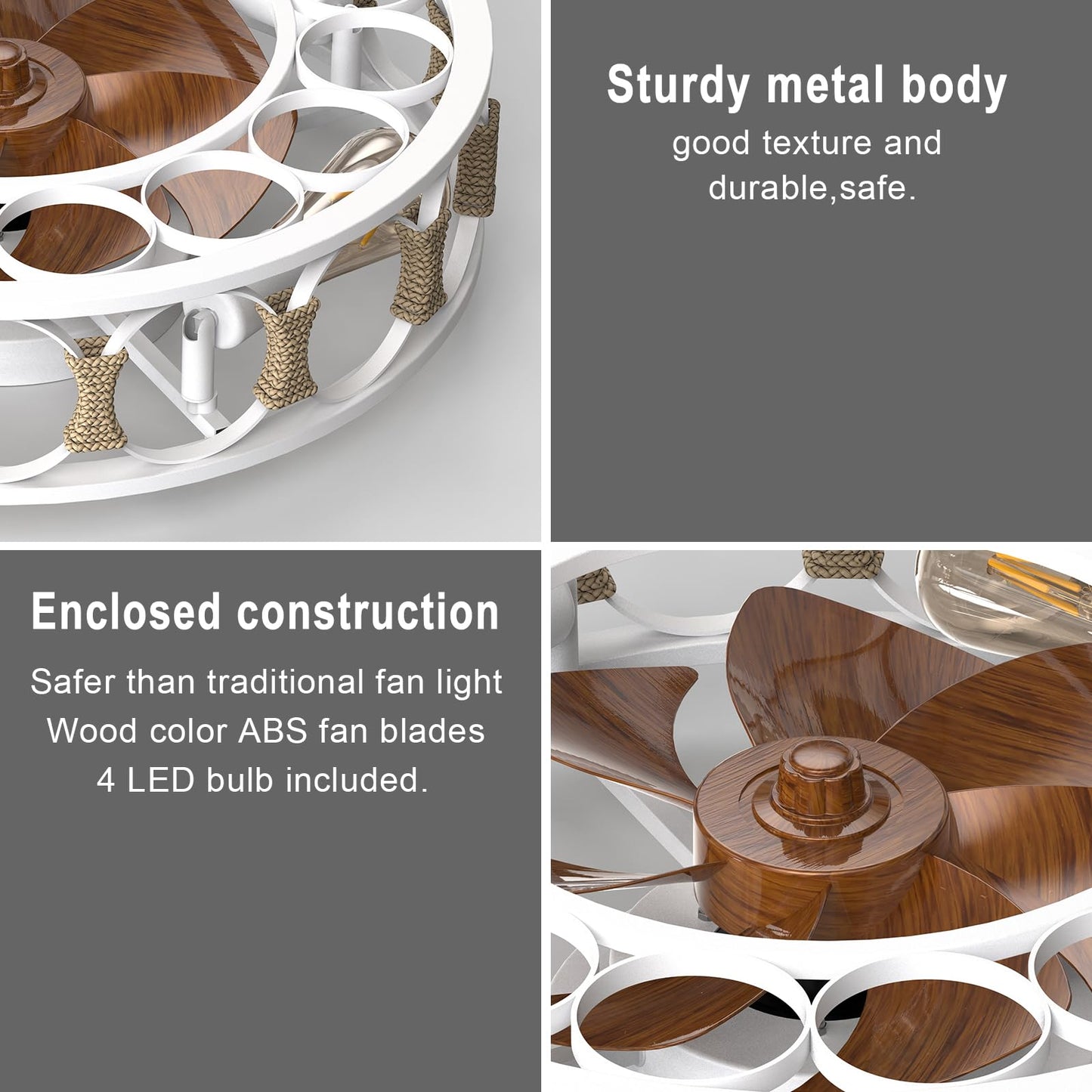 Kasiqilight 20" Caged Ceiling Fan with Light Flush Mount & Remote,White Wrought Iron Industrial, Silent Reversible Farmhouse Fans Ceiling with Light