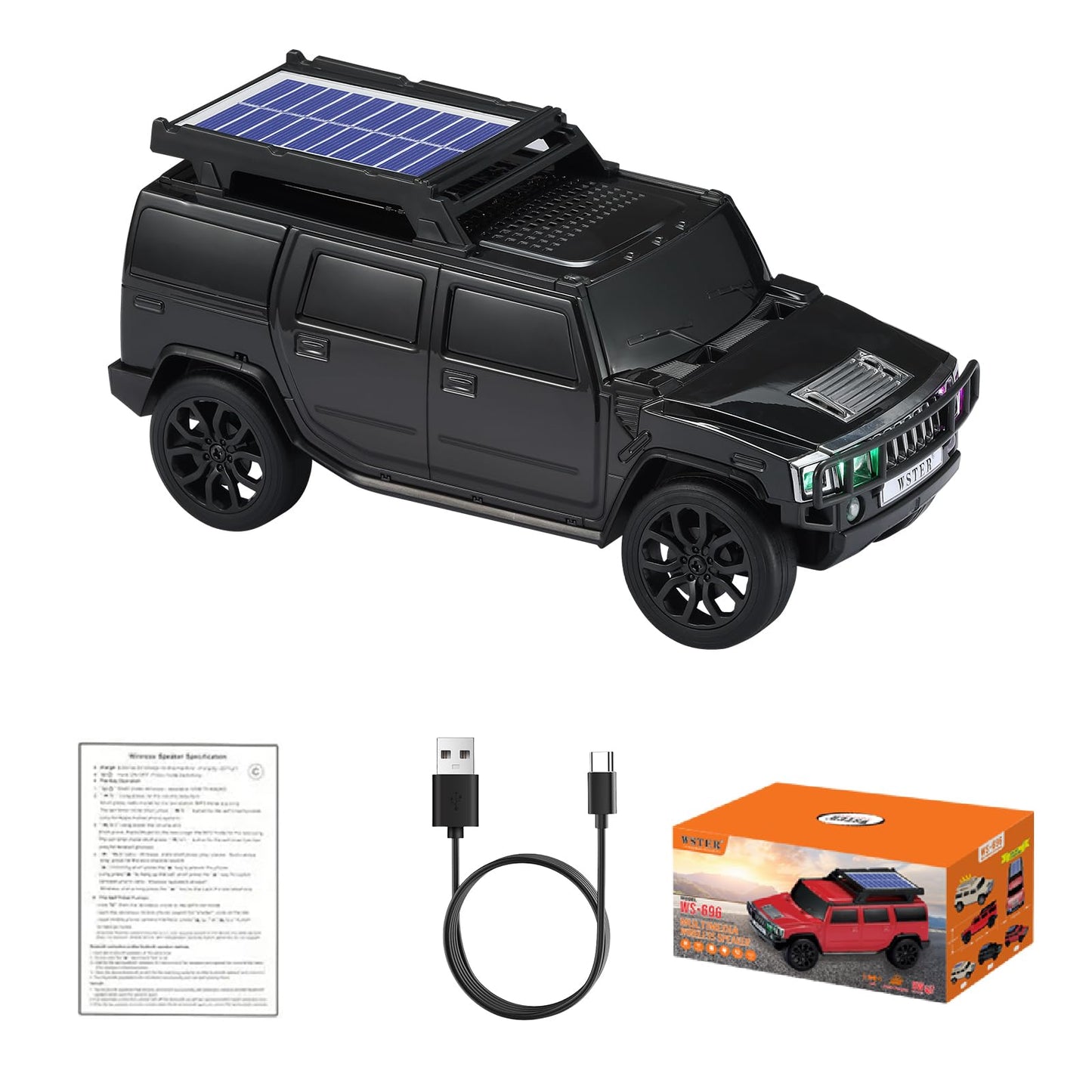 WSTER WS-696 Solar Bluetooth Replica Speaker - Portable Modern Off-Road Car Design with HD Sound, TWS, LED Party Light, USB/TF Playback, FM, Built-in