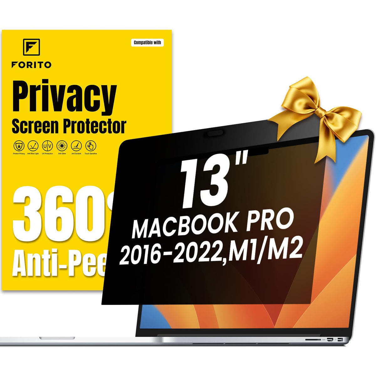 F FORITO 360° Privacy Screen Protector Compatible with MacBook Pro 13 inch (2016, 2017, 2018, 2019, 2020, 2021, 2022, M1, M2), Anti Peeping, Anti