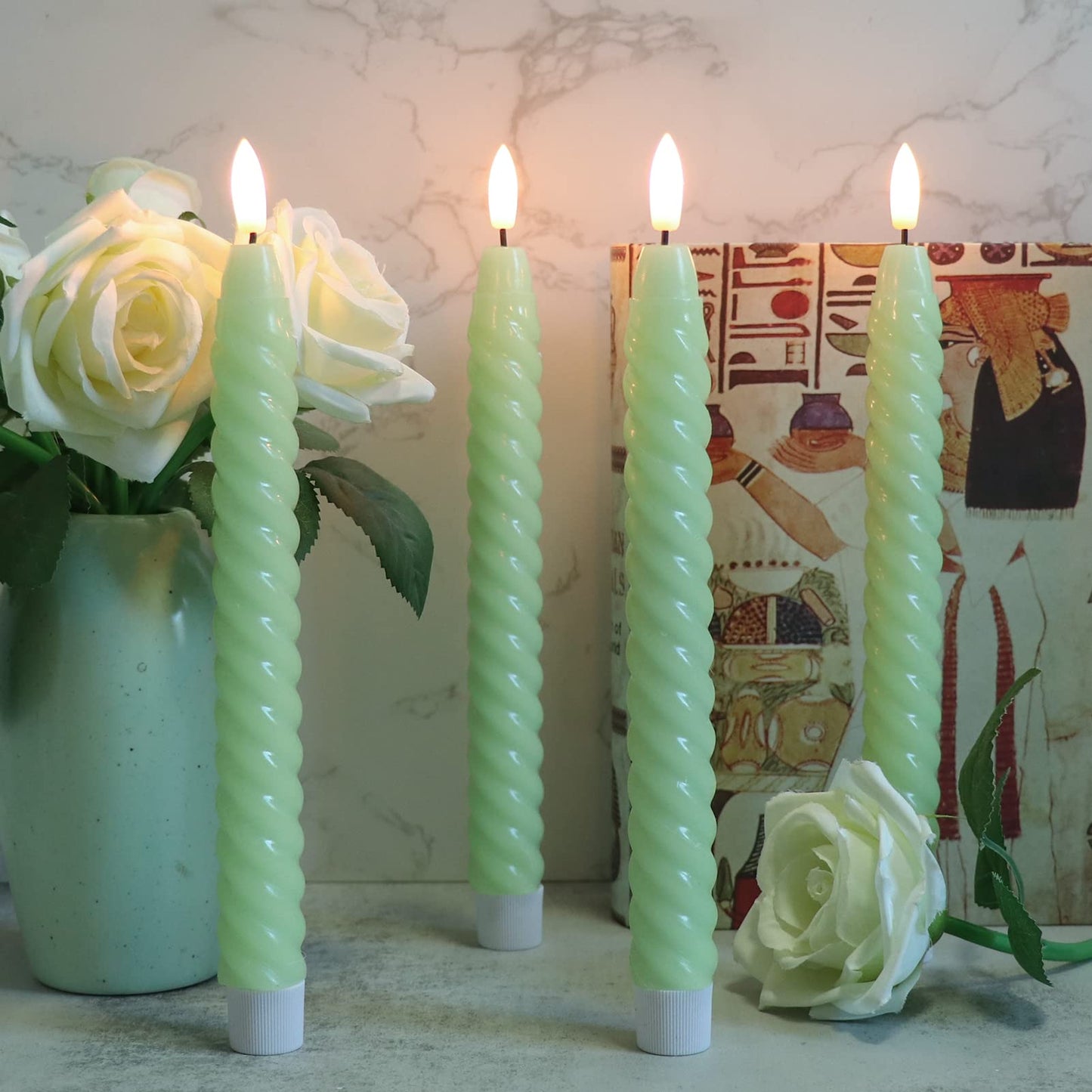 Lasumora Flameless Taper Candles Green Pastel Flickering with Remote Timer, Battery Operated Warm 3D Wick LED Spiral Candles 6 Pack 9.8" Real Wax