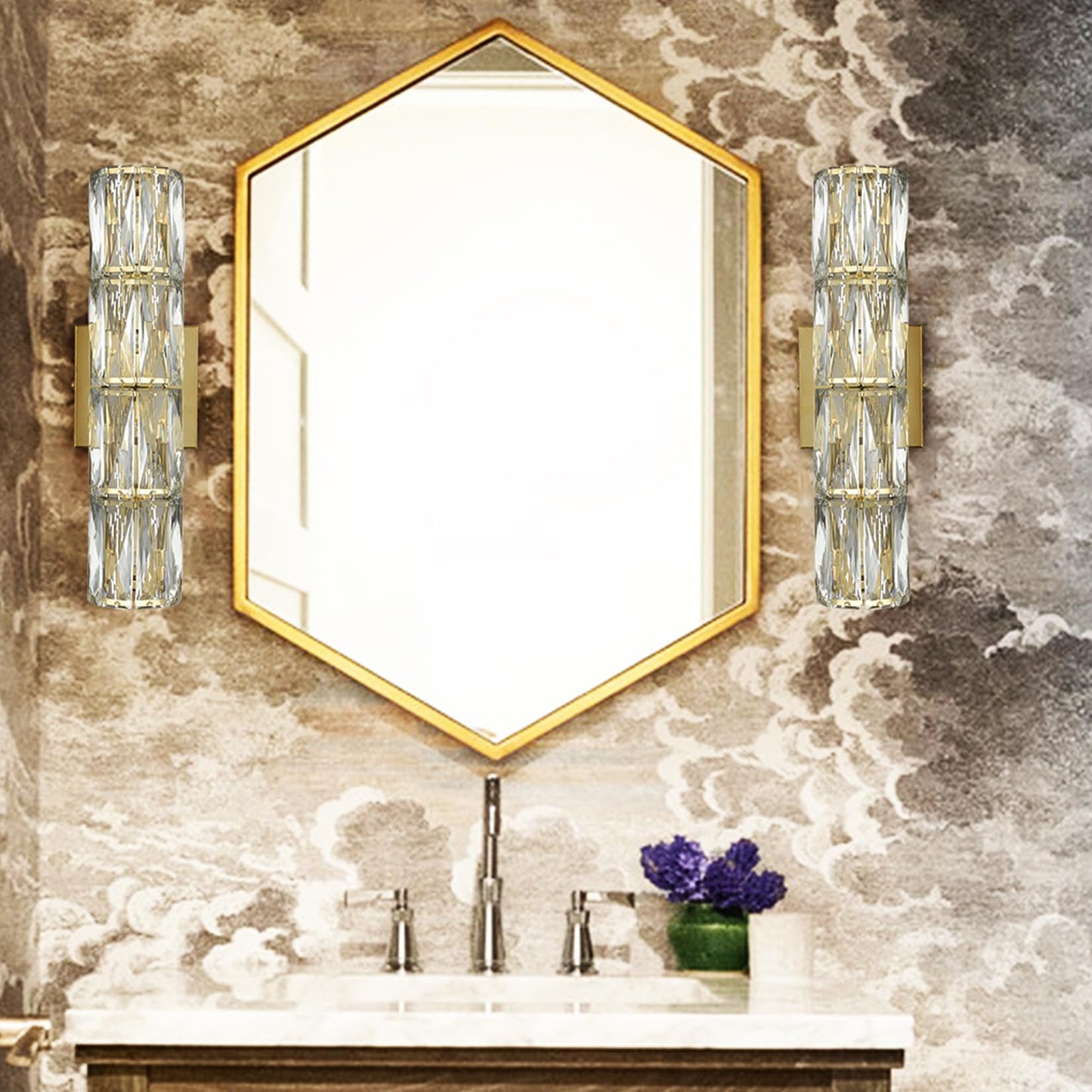 SAMTEEN Gold Wall Sconce Modern Crystal Sconces Wall Lighting 4-Light Bathroom Wall Mount Light Crystal Vanity Light Fixture for Bedroom Hallway
