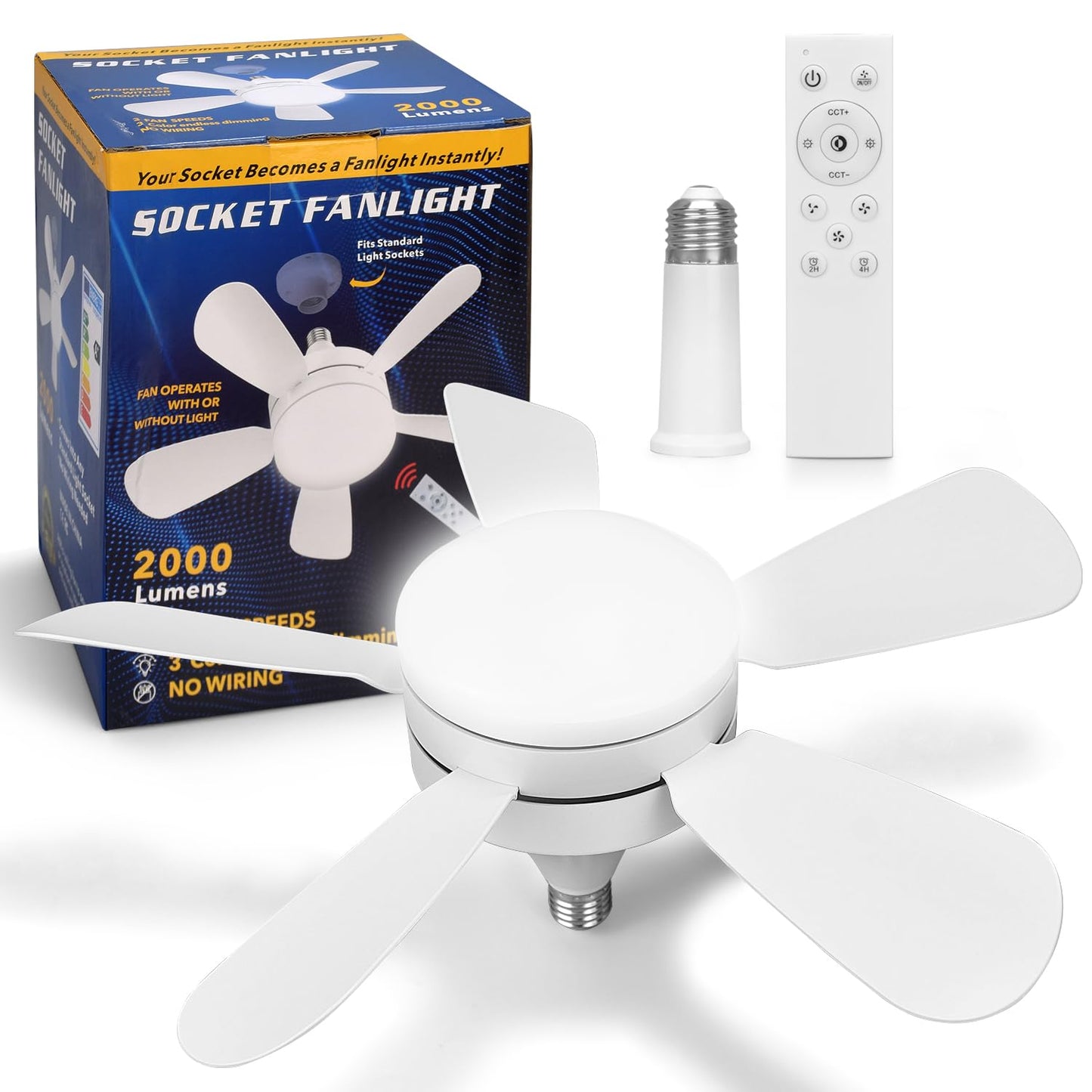 Jolimark 2000 Lumen Socket Ceiling Fan Light with Remote, E26 Socket, 3 Speed Noiseless Dimmable Fan, Adjustable CCT, 2/4H Timer, for Kitchen Bathroom
