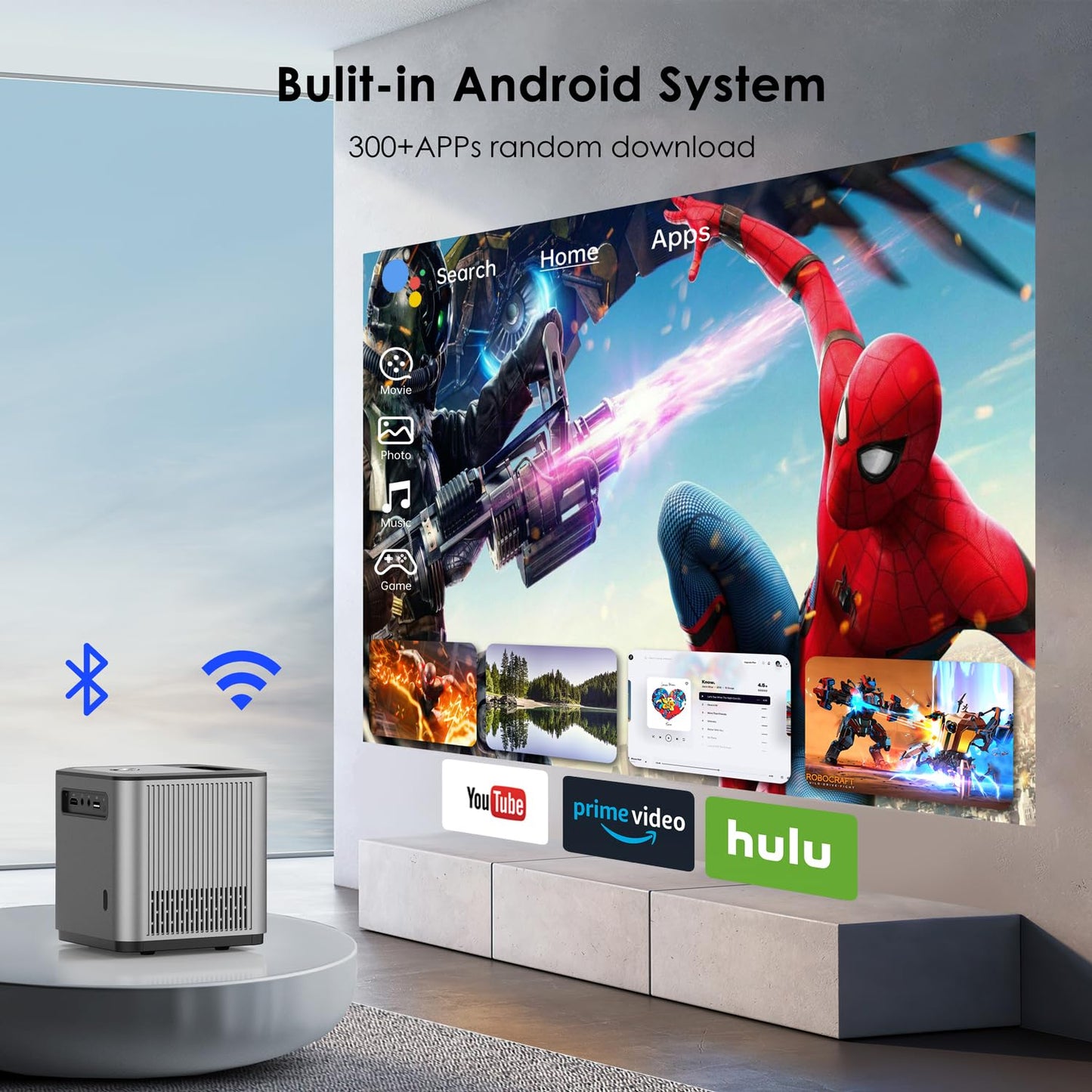 Mini Projector with WiFi and Bluetooth, Portable Projector Built-in Android System Supported 4K, Auto Keystone, Compatible with HDMI / USB / AV Ports