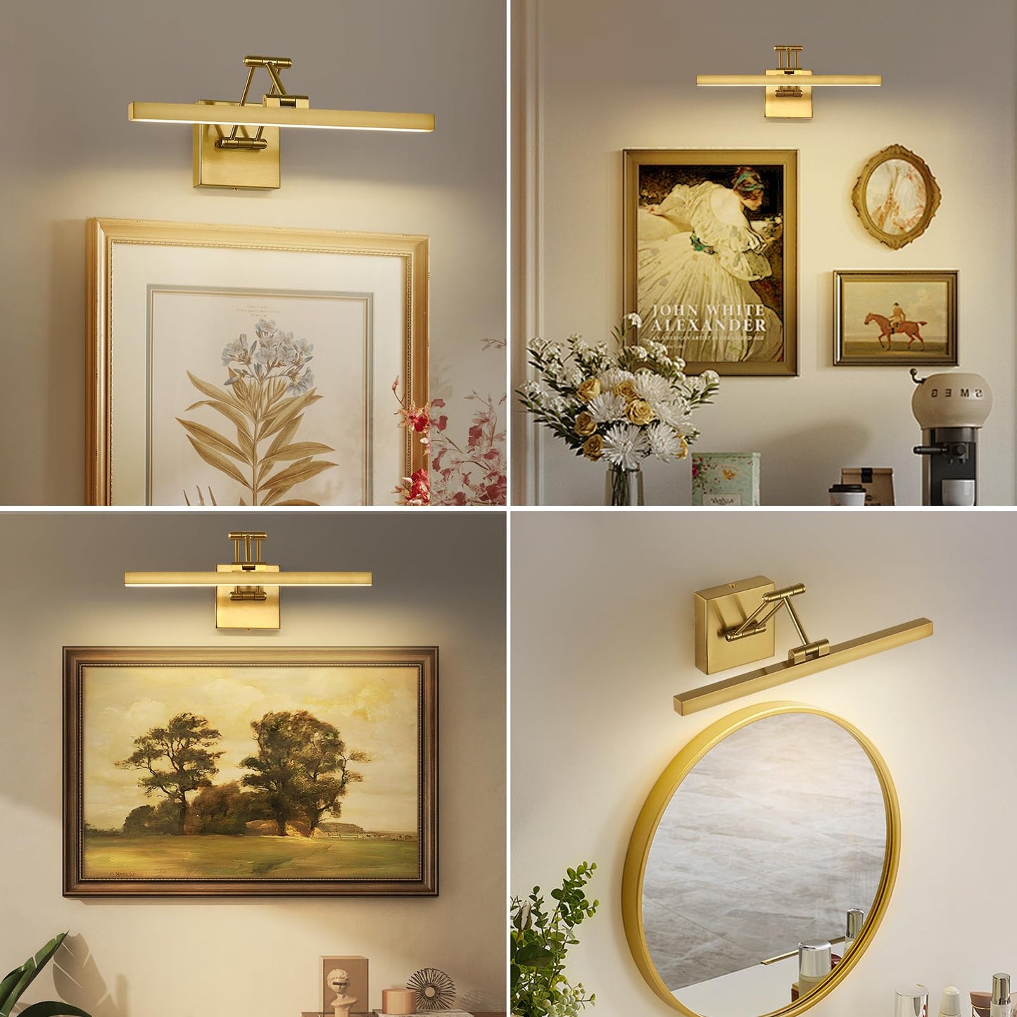 Pasoar Hard-Wired Picture Light Dimmable LED Picture Lights for Paintings 15.7" Inch Brass Metal Body Wall Pictures with Adjustable Gold Swing Arm Art