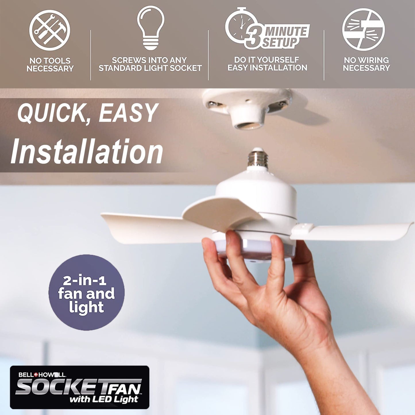 Bell+Howell Socket Breeze Modern Ceiling Fans with LED Lights, 10" LED E26 Screw Base Mini Light Socket Fan for Bedroom, Living Room, Kitchen, Balcony