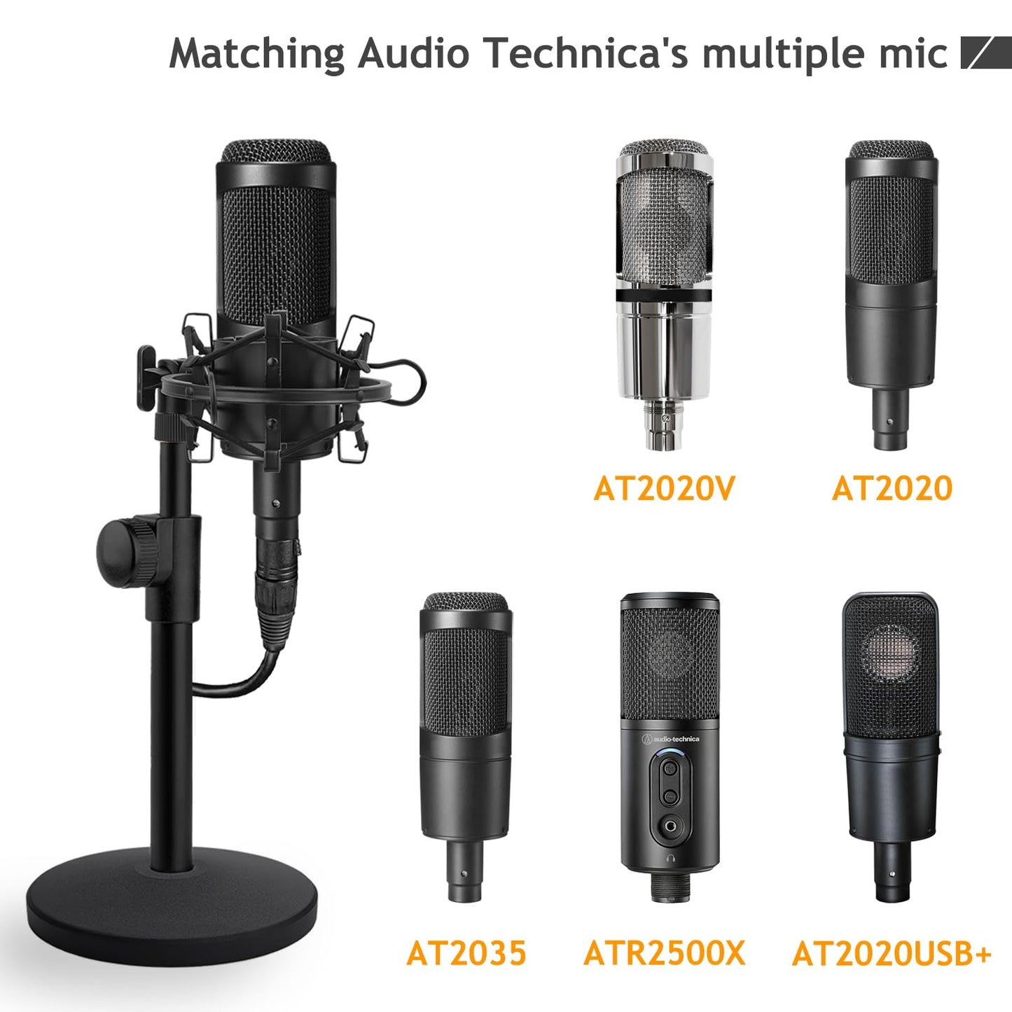 Desk AT2020 Stand, Adjustable Metal Table Mic Stand with Shock Mount for Audio Technica AT2020 AT2020USB+ AT2035 ATR2500x Condenser Studio Microphone