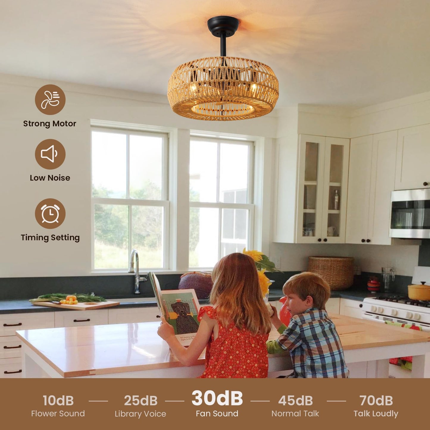 MOOONICHE 20" Boho Caged Ceiling Fan with Lights Remote Control, Rattan Cage Low Profile Bladeless Ceiling Fan, Farmhouse Ceiling Fans with Light