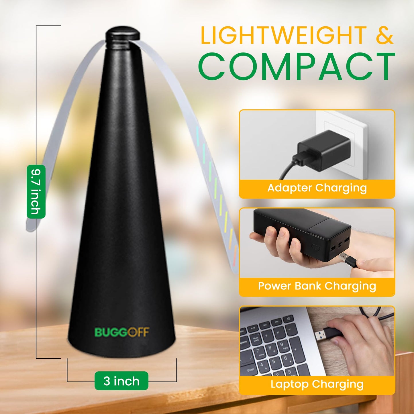 BUGGOFF White Fly & Flying Insect Repellent Fan with Twin Blades, Table top & Hangable, Battery Powered or 5V Plug in, Batteries NOT Included. Safe
