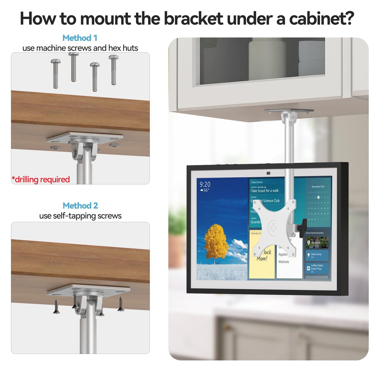 Almoz Under Cabinet Mount for Echo Show 15, Height Adjustable Stand, Wide Range of Motion, Keeps Counters Clear, Tilt and Swivel Mount for All Show 15