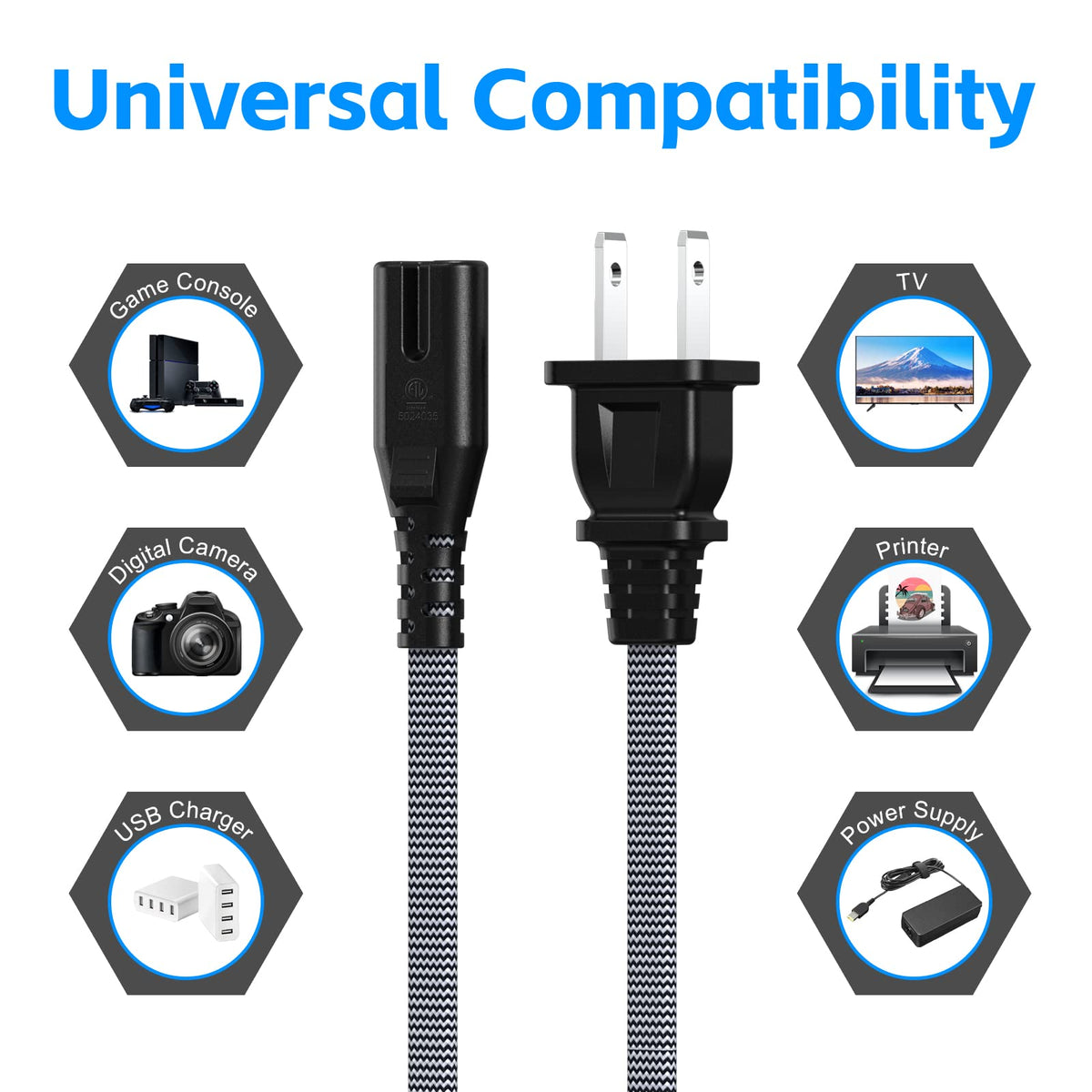 AC Power Cord 20FT (1 Pack), 2 Prong TV Power Cord, Nylon Braid Cable Replacement for Xbox One, PS3, PS4, PS5, Compatible for Printer, Monitor, Sound
