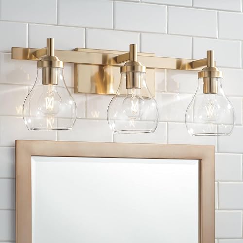 Possini Euro Design Danvers Modern Wall Light Warm Brass Gold Metal Hardwired 22 1/2" 3-Light Fixture Clear Globe Glass Shades for Bedroom Bathroom