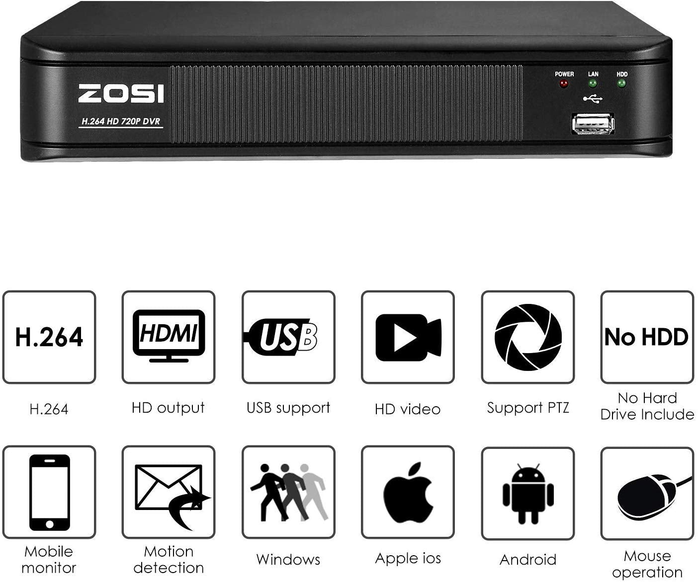 ZOSI 720p 8 Channel Security DVR System HD-TVI 1080P Lite Video, QR Code Scan Remote Access, Hybrid Capability 4-in-1(Analog/AHD/TVI/CVI) DVR Recorder