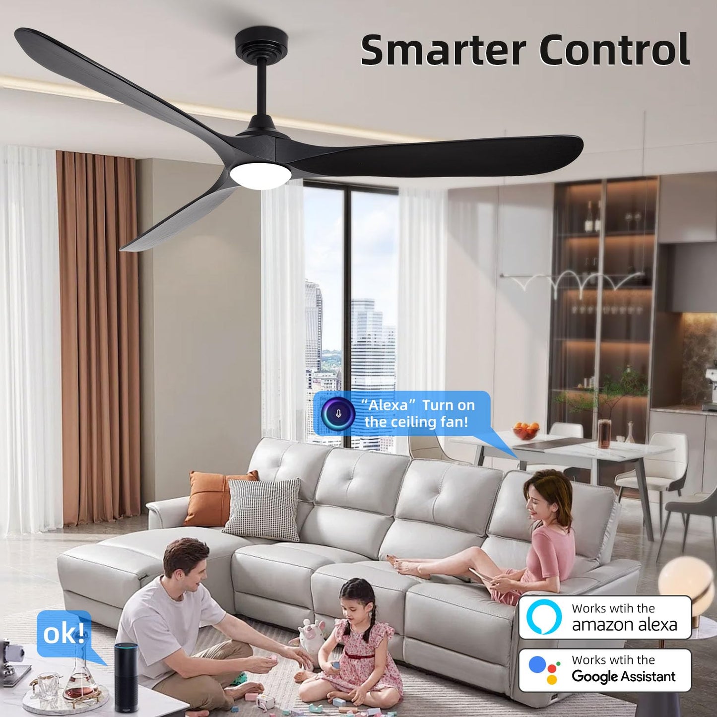 Homlit Ceiling Fan with Lights, 72'' Solid Wood Indoor/Outdoor Ceiling Fan with Quiet Reversible DC Motor, Compatible with Alexa/Google/App, 3CCT