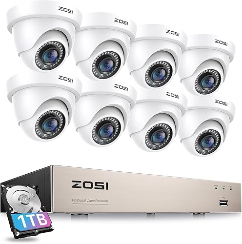 ZOSI 8CH Home Security Camera System Outdoor Indoor,H.265+ 8Channel 1080P DVR with 1TB HDD,8pcs Weatherproof Surveillance CCTV Dome Cameras,Night