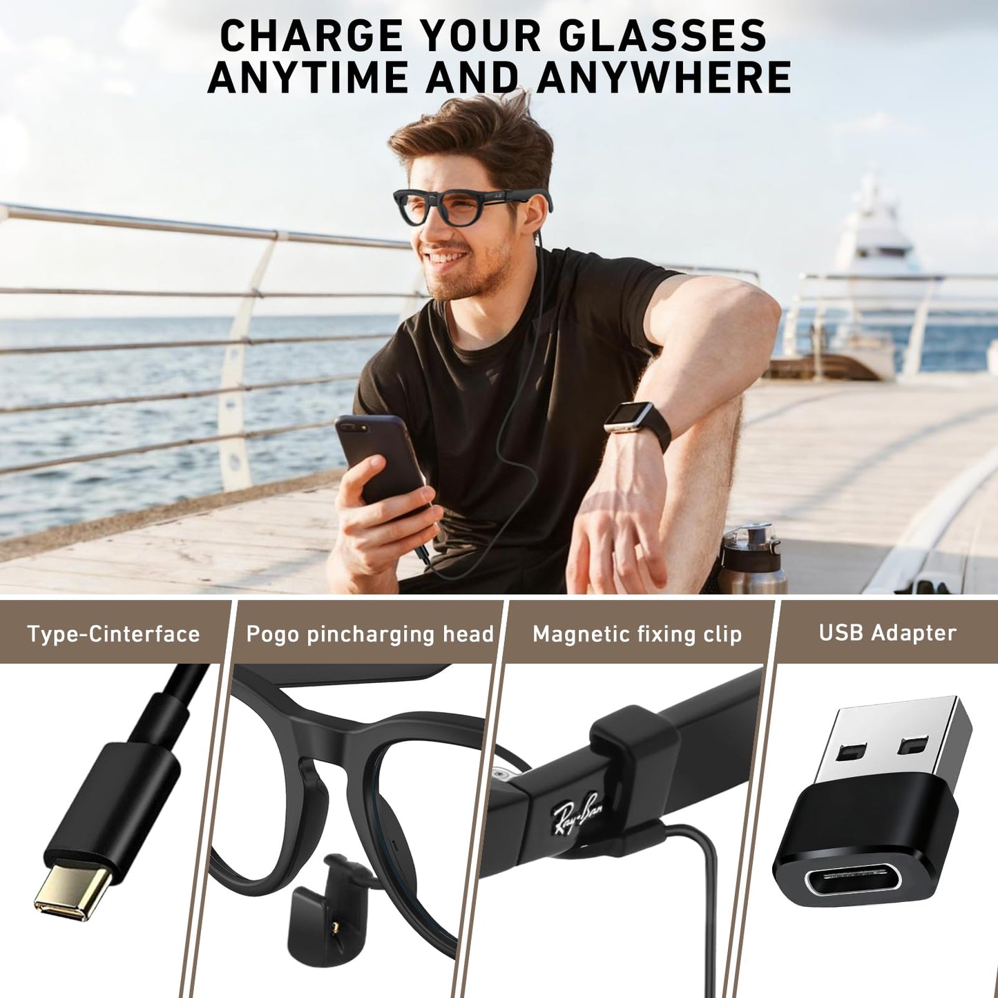 Amanely Charging Adapter Cable for Ray-Ban Meta 2 & Oakley AI Glasses, 3.9ft Temple-Inserted Fast Charging for Wayfarer/Headliner/Skyler/HSTN