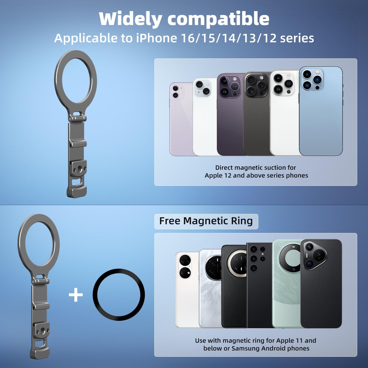 Phone Tripod Holder Mount for MagSafe, Aluminum Magnetic Mount Adapter with 1/4” Screw Hole, Cold Shoe for iPhone 17 16 15 14 13 Series for Samsung