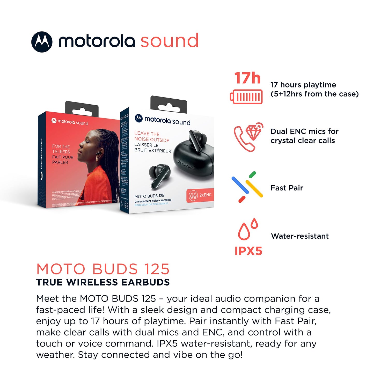 Motorola Sound Moto Buds 125 True Wireless Earbuds, IPX5 Waterproof Sweatproof Touch Control Ear Buds with Dual Noise Cancelling Microphone, Charging…