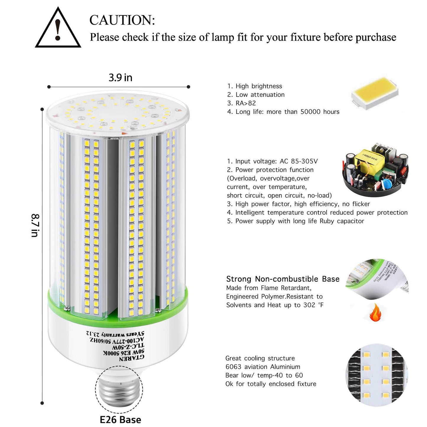 GTAREN 2-Pack 50w Corn LED Light Bulb,E26/E39 led Bulbs,120-277v 5000k,Replacement HID HPS Mercury Vapor CFL Metal Halide Lamp for Indoor Outdoor