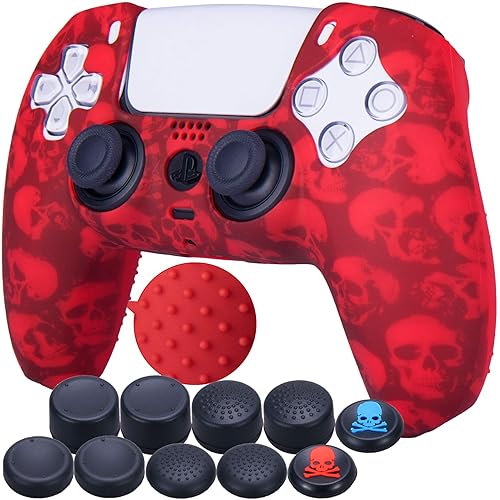 9CDeer 1 Piece of Silicone Transfer Print Protective Cover Skin + 10 Thumb Grips for PS5 Controller Skull Red